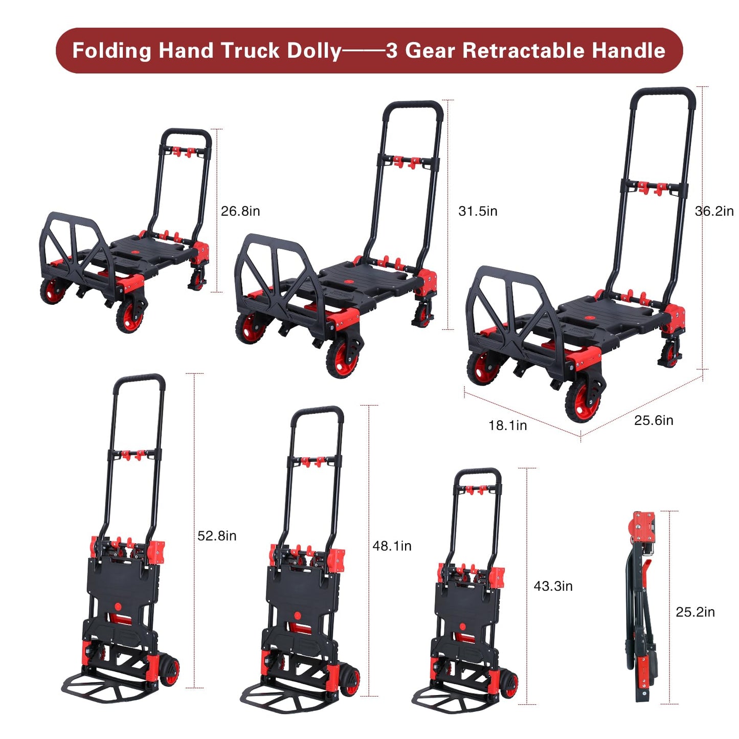 2 in 1 Folding Hand Truck Dolly with Basket,330LBS Capacity Hand Cart Foldable,Hand Truck Foldable with Retractable Handle,Folding Dolly Cart with Wheels for Moving
