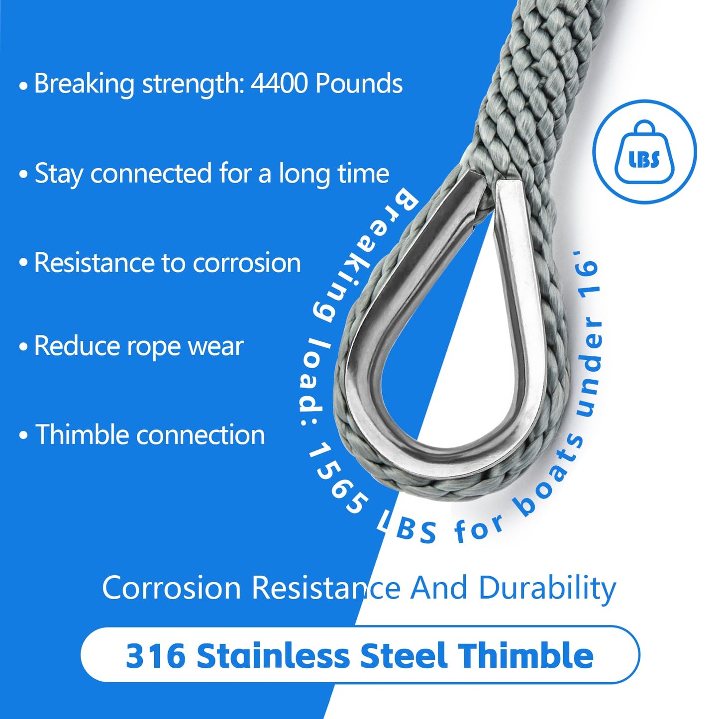 Anchor Line 3/8 inch 50ft. Grey Double Braided Nylon MFP Boat Anchor Rope ，with Stainless Steel Thimble and Shackle ，Anchor Line Fittings for Anchors and Boats Marine Rope