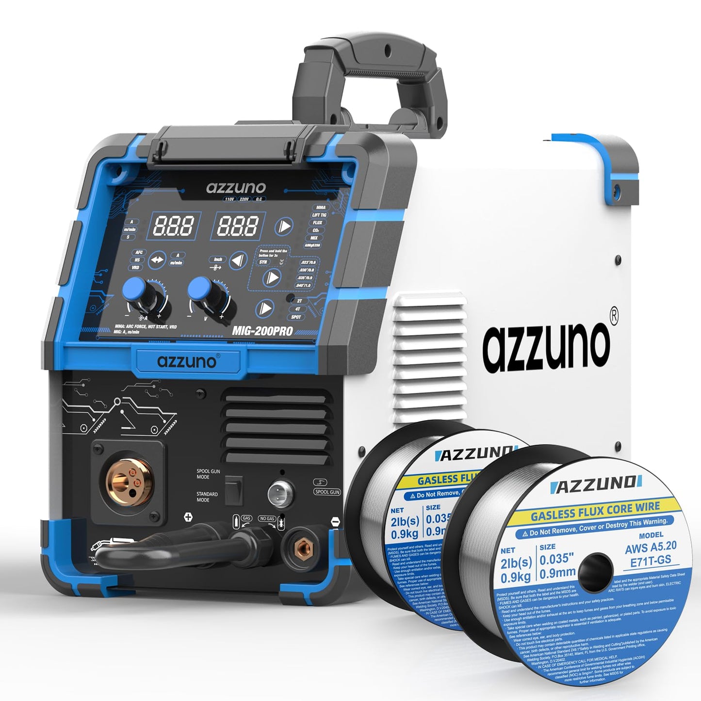 AZZUNO 8 in 1 200A MIG Welder & .035" 2LBS 2-Pack Flux Core Mig Welding Wire, 110V/220V Welder Machine Flux Core MIG/Gas MIG/MAG/Aluminum MIG/Spot MIG/Lift TIG/Stick Welding/Spool Gun Compatible, Mul