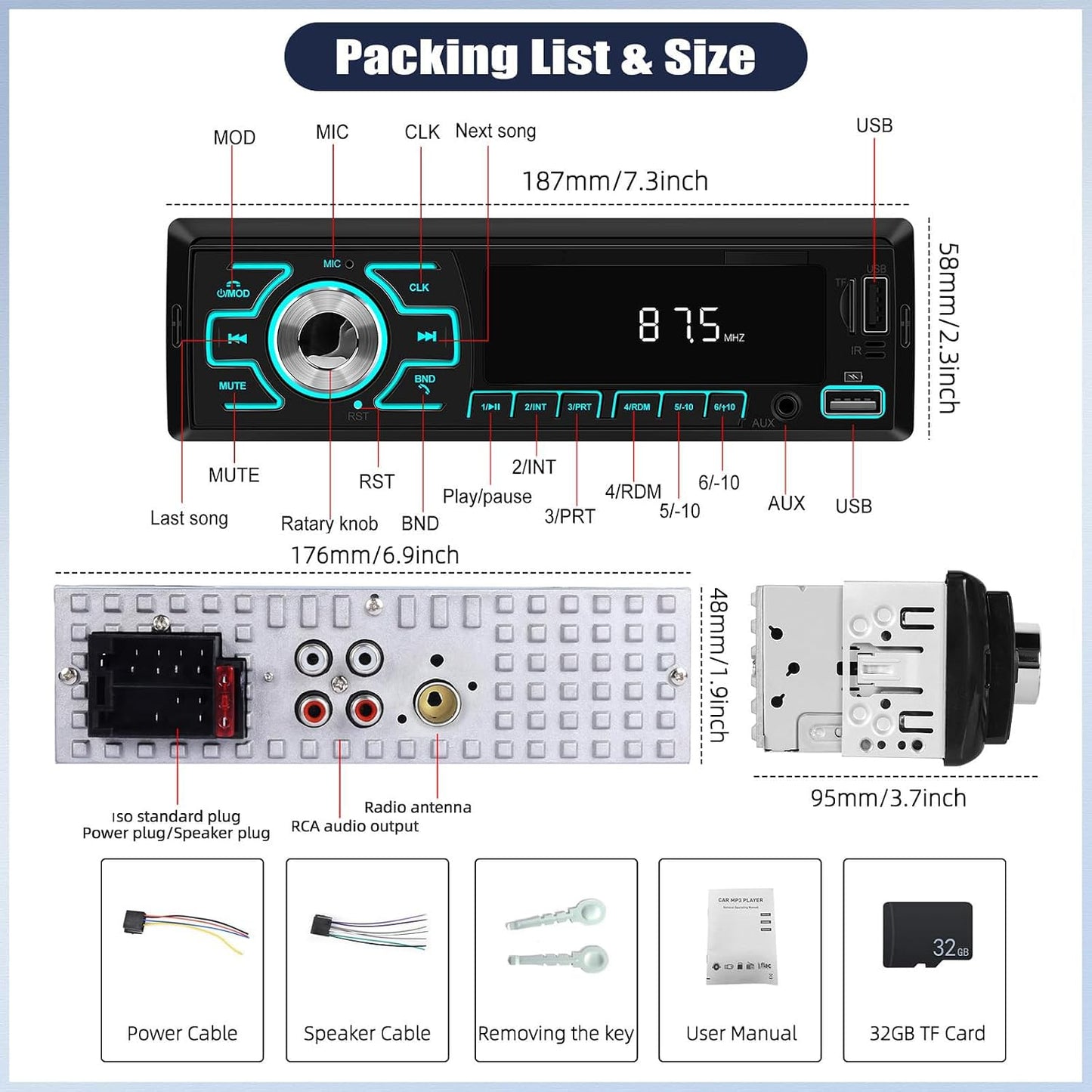 AMprime MP3 Location+32G Single Din Car Radio Stereo Digital Bluetooth Player Music Stereo Car Player