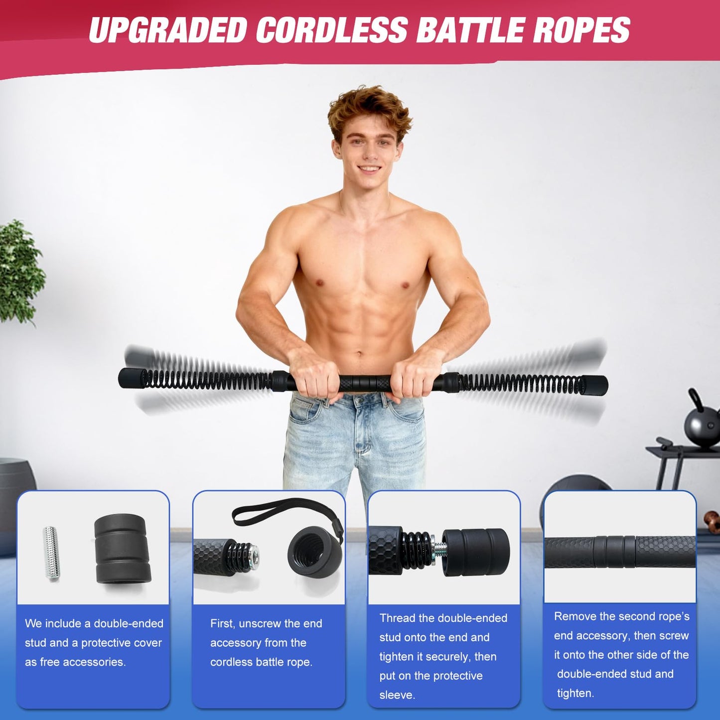 Gonideerix 2-in-1 Ropeless Battle Ropes (2-Pack), Adjustable to Resistance Training Stick – Portable Full Body Workout for HIIT, Cardio, Strength & Muscle Training, Low-Impact Home Gym Equipment for Men & Women
