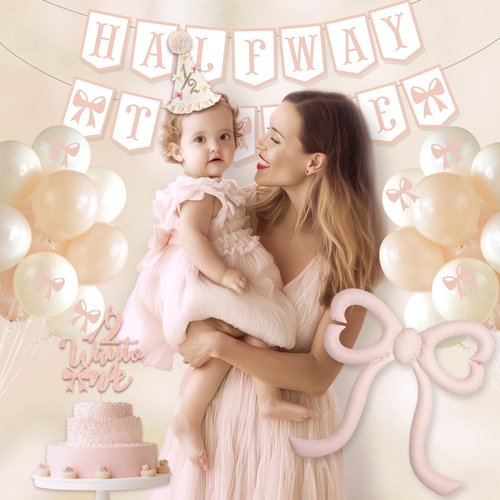 Half Birthday Decorations for Baby Girl – Bow Birthday Hat, Half Way to One Banner, Bow Balloons, 1/2 Cake Topper, 6 Months Party Supplies