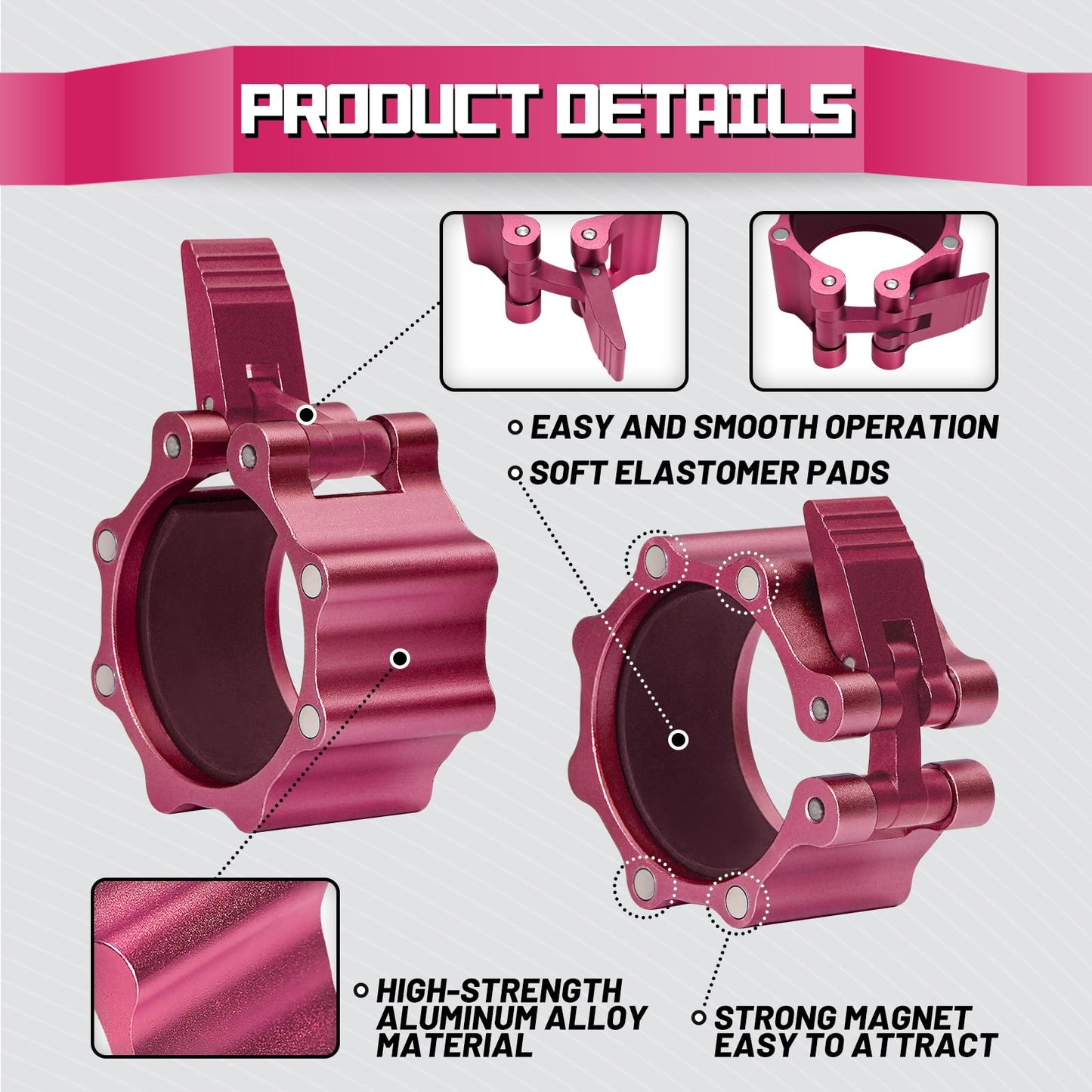 RitFit 2-Inch Magnetic Barbell Collars Locking Clamps - Heavy Duty Aluminum Alloy, Quick Release with Non-Slip TPR Pads for Olympic Weightlifting Powerlifting Training (Pair), Pink