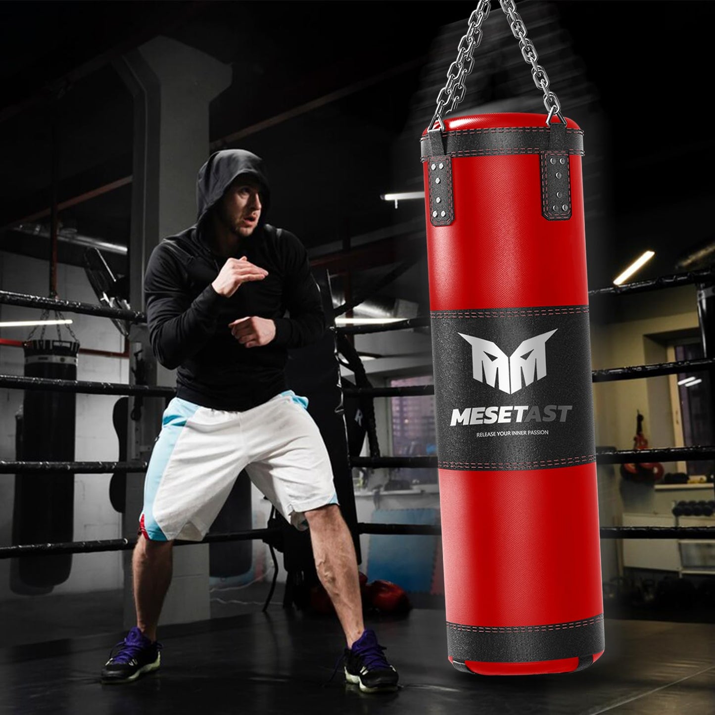 Mesetast Punching Bag for Adults, 4ft Heavy Boxing Bag Set with 12 OZ Gloves for MMA Karate Kickboxing Boxing - Unfilled