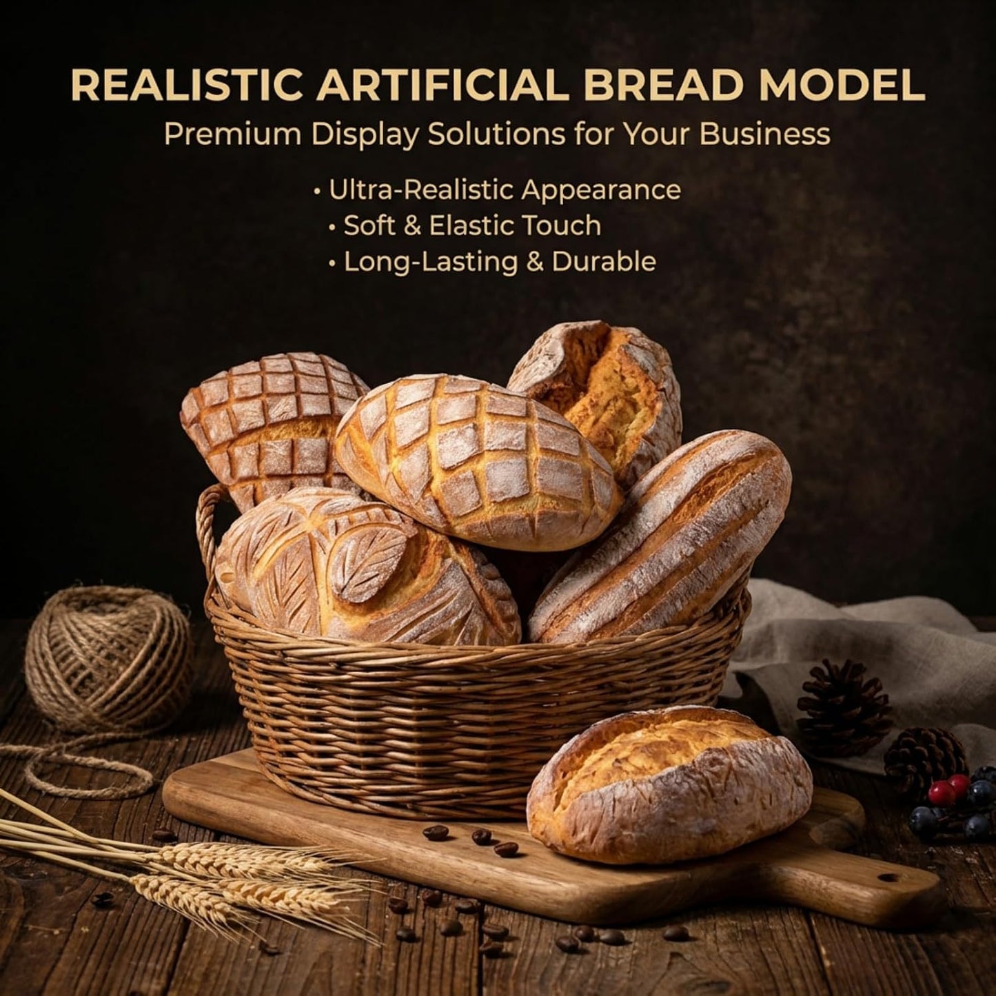 Generic (B22) Realistic Fake Bread for Store Sample Display, Highly Simulated PU Artisan Loaf for Retail Shelves
