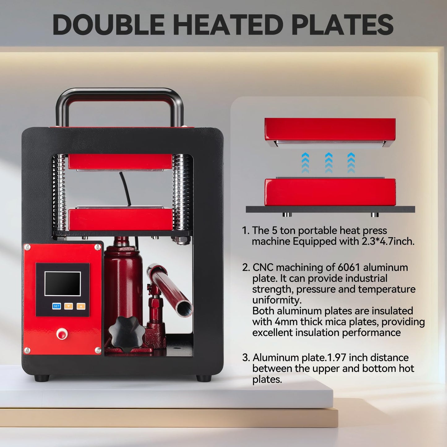 D9A91 5 Ton Portable Hydraulic Heat Press Machine 2.3 x 4.7 Inch Dual Heating Plate, red/black