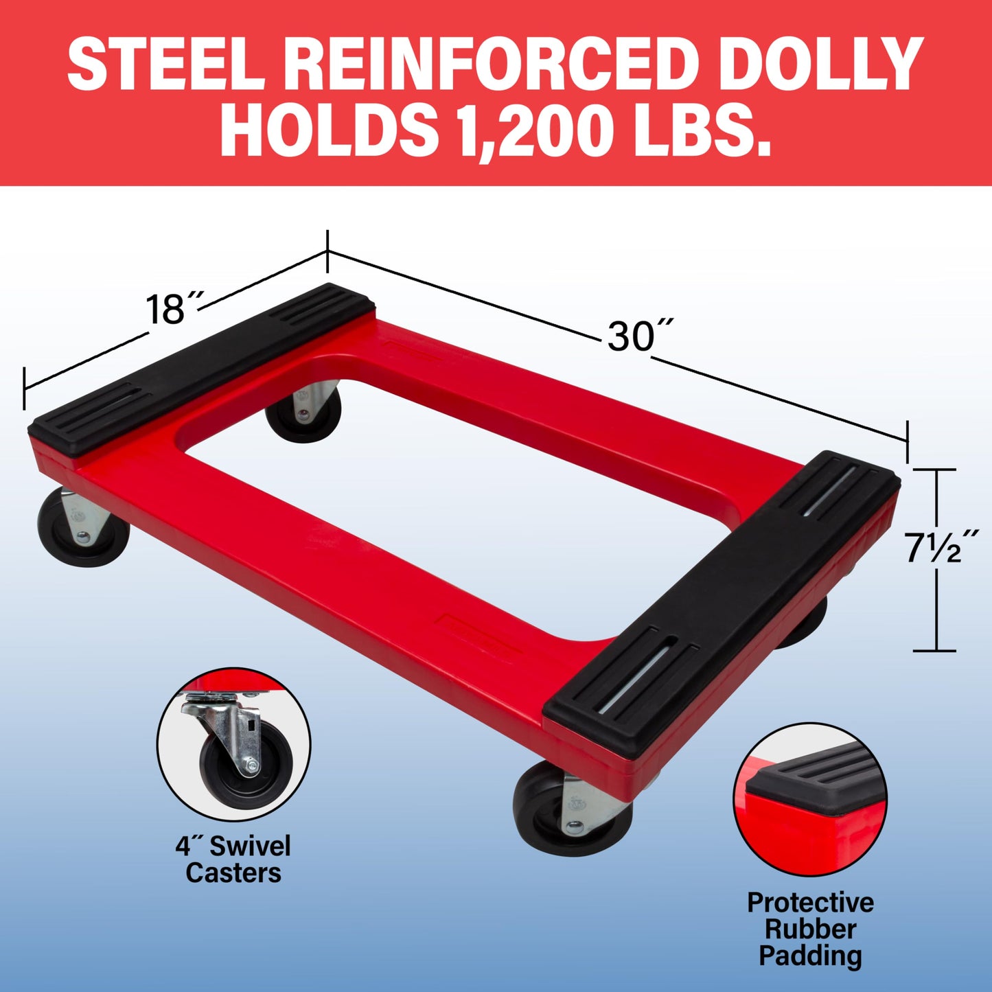 Akro-Mils RMD3018RC4PAR Plastic 4-Wheel Furniture Dolly with Steel-Reinforced Frame and 4-Inch 4-Way Swivel Casters, 1200 Lbs Capacity, 18-Inch x 30-Inch, Red