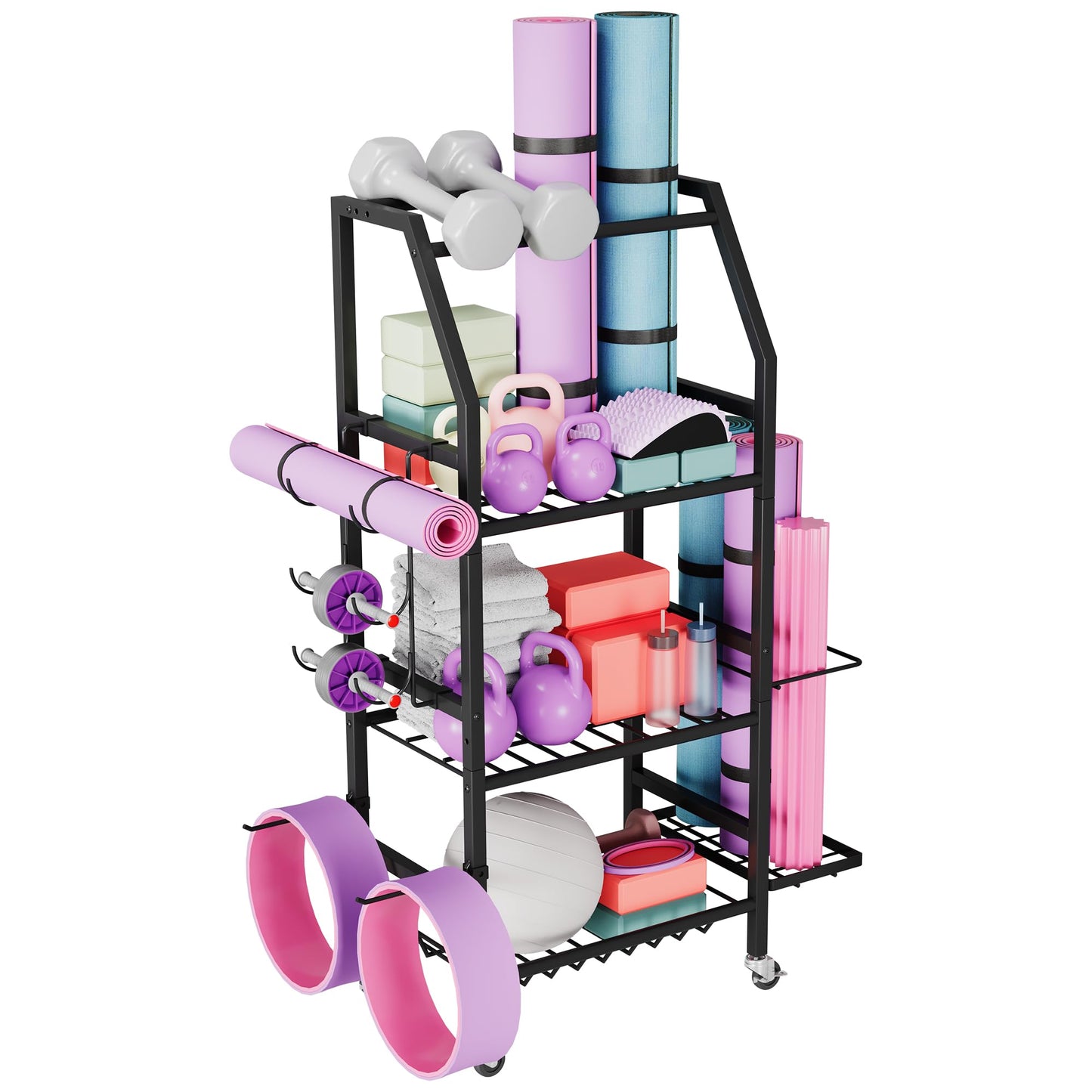 Homeiju Dumbbell Rack, 4 Tier Weight Rack for Home Gym, Yoga Mat Storage Holder with Lockable Wheels, Dumbbell Stand with Hooks, All in One Work out Equipment Storage for Yoga Mat Dumbbell and Balls