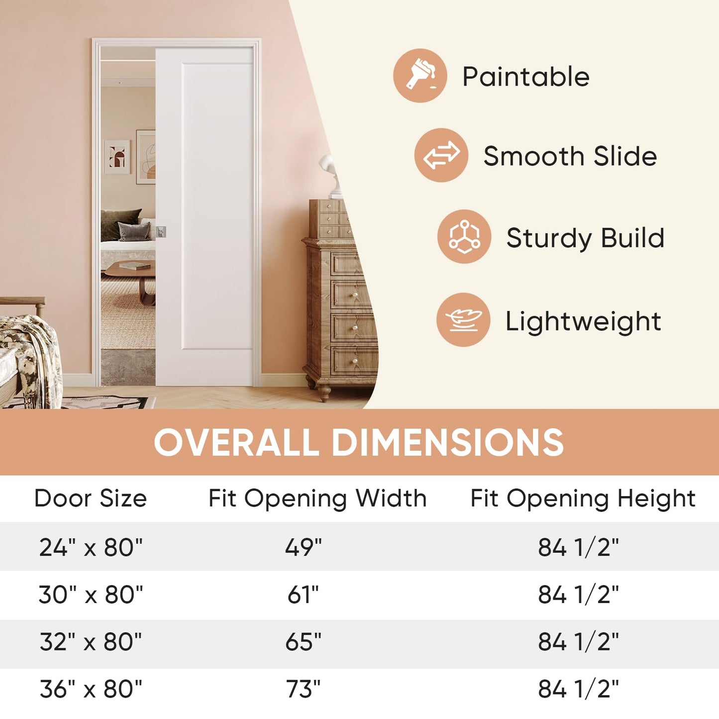 BARNSMITH 30in x 80in Sliding Pocket Door, Track Hardware and Frame Kits with 1-Panel White Paintable Door Slab & Satin Nickel Privacy Latch Included, Soft Close Mechanism, Durable and Smooth