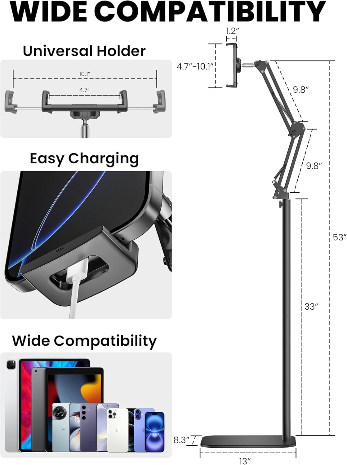 SteelStorm 360-Degree 4.7~12.9 Tablet Floor Stand, Rotatable Metal Tablet Holder Stand, Adjustable Height and Angle