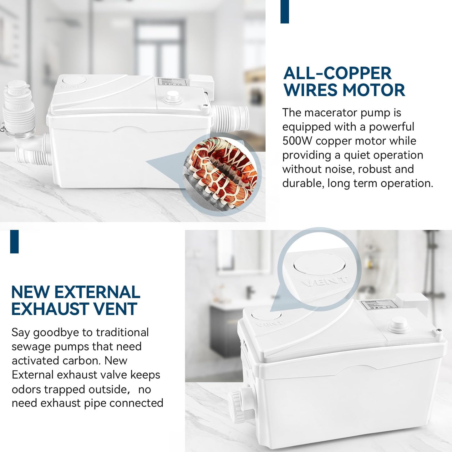 500W Utility Sink Pump with PCB Function Upgrade Structure Upflush to 23FT 1600GPH Under Sink Pump with 3 Water Inlets 1 Outlet Macerating Toilet System for Sink Shower Urinal Kitchen Basement