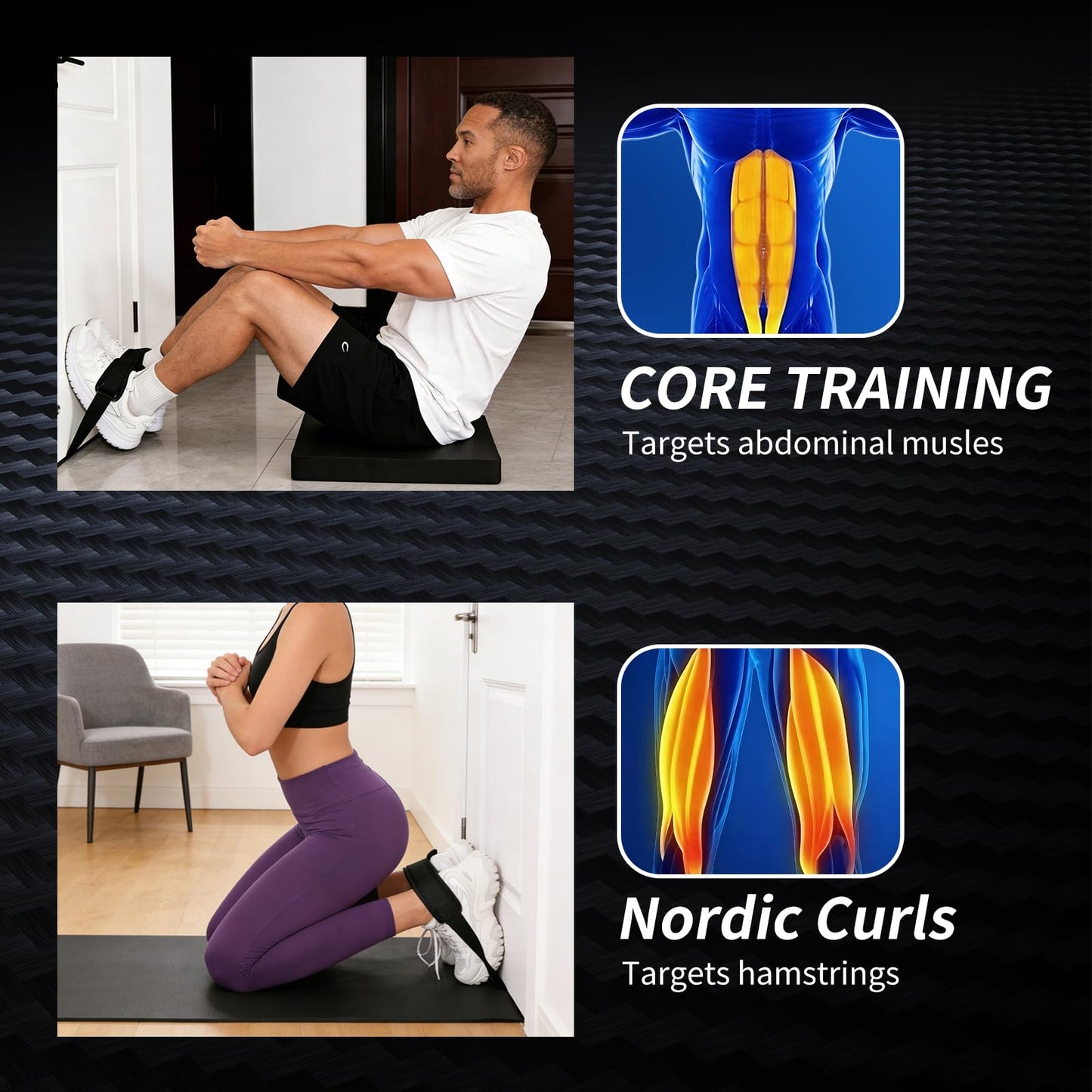 Nordic Strap for Bench, Nordic Hamstring Curl Strap with Extra Large Foam Stopper and Thick Neoprene Padding, Fits Various Doors, Enhances Leg Strength and Muscles Training