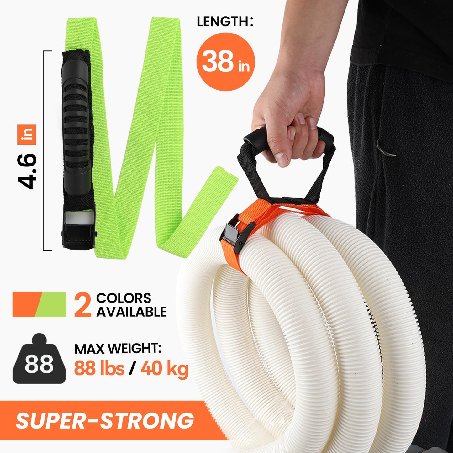 HUDLL Heavy Duty Storage Straps with Handle(2 Pack) for Cables, Ropes and Hoses, Extension Cord Organizer with Handle and Easy Adjustable Steel Black Lock Slider Buckles for Pool Hoses, Garden Hoses.