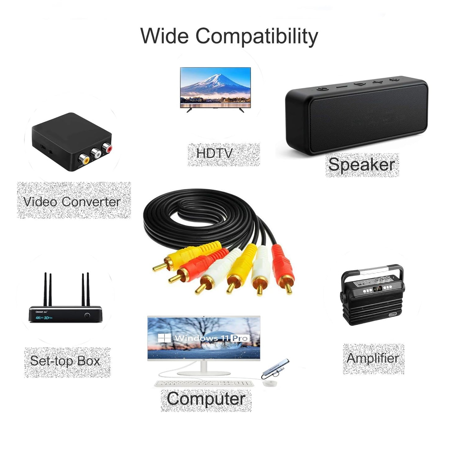 Generic 5 3 3 RCA Cable Feet, AV Cable RCA Male to RCA Male Composite AV Cable, Gold Plated Audio Video Cable for Home