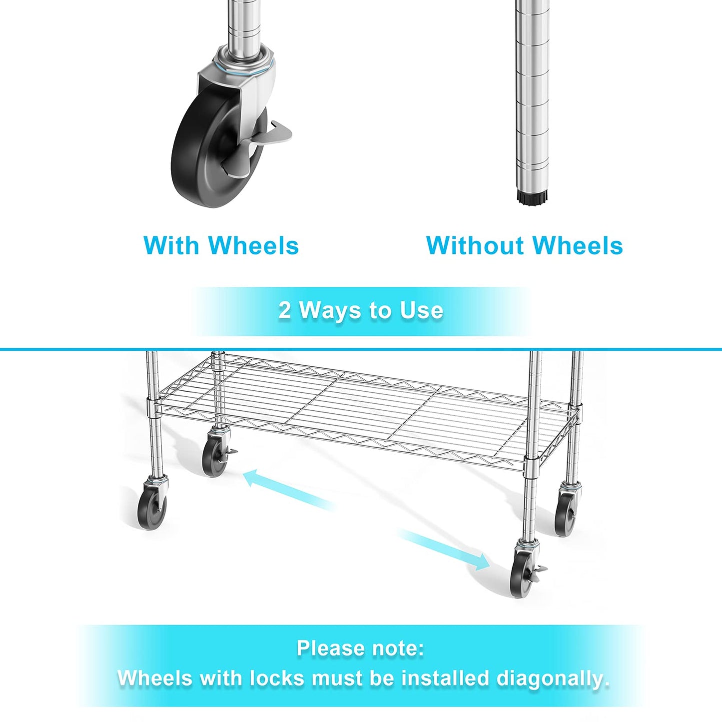 Auslar 5-Shelf Storage Shelves with Casters Heavy Duty 5 Tiers Rolling Cart Utility Racks Adjustable Wire Metal Shelving, 14" x 36" x 76.5", Chrome