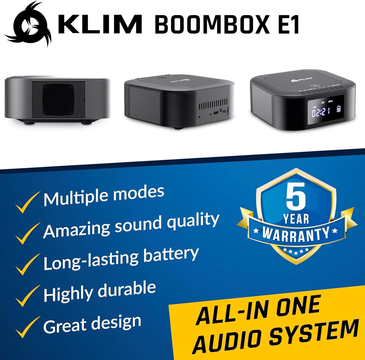 KLIM E1 MP3 Boombox with CD case - CD Player Portable Audio System + Extra BASS with Subwoofer + FM Radio, Bluetooth