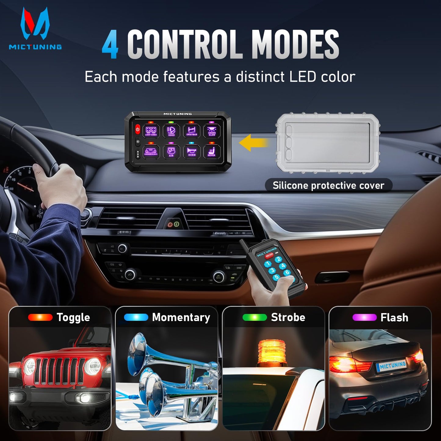 MICTUNING P1Y 8 Gang Switch Panel, Remote and APP Control, Up to 230FT, Adjustable Strobe Pulse Momentary, 6-Level Dimming, 12-24V Waterproof Multifunction Toggle Switch for Car Boat RV Truck Offroad