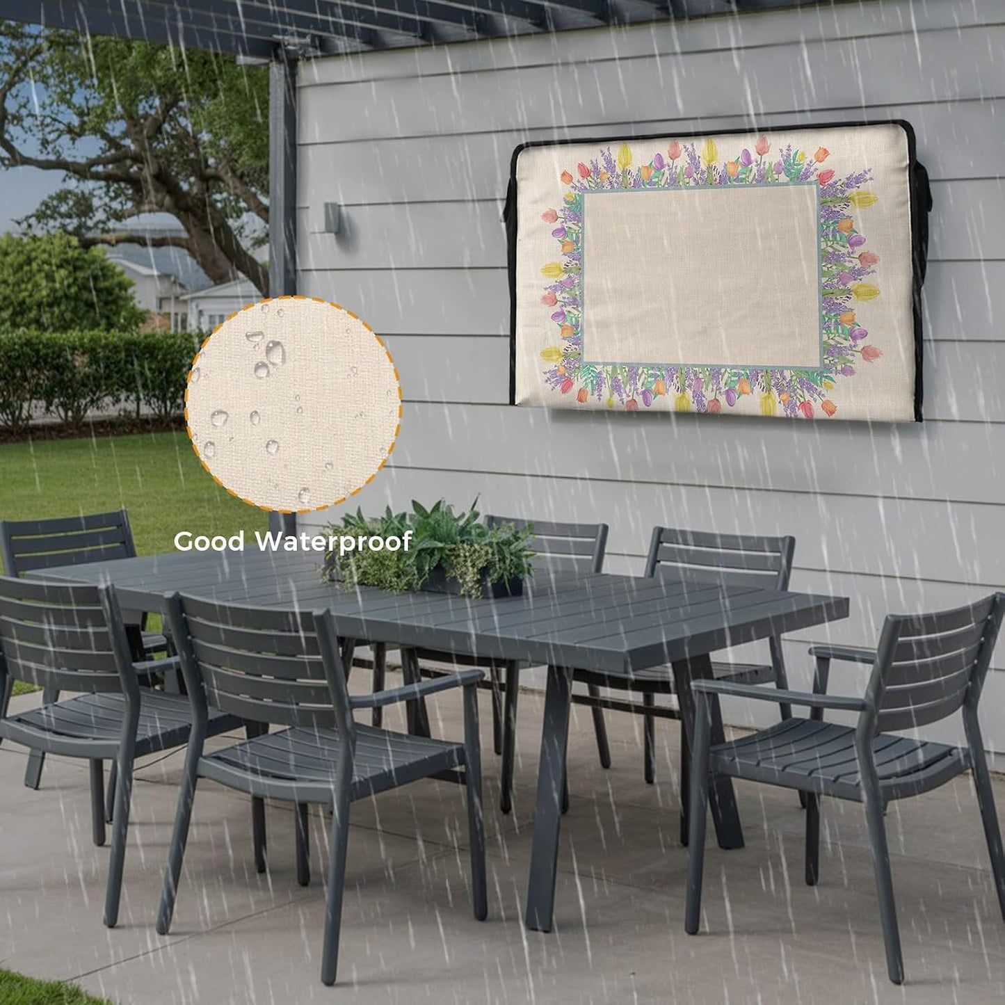 EZON-CH 40-43 inch Outdoor TV Cover Floral Plants Tuilps Lavender Linen Texture Weatherproof TV Screen Protector