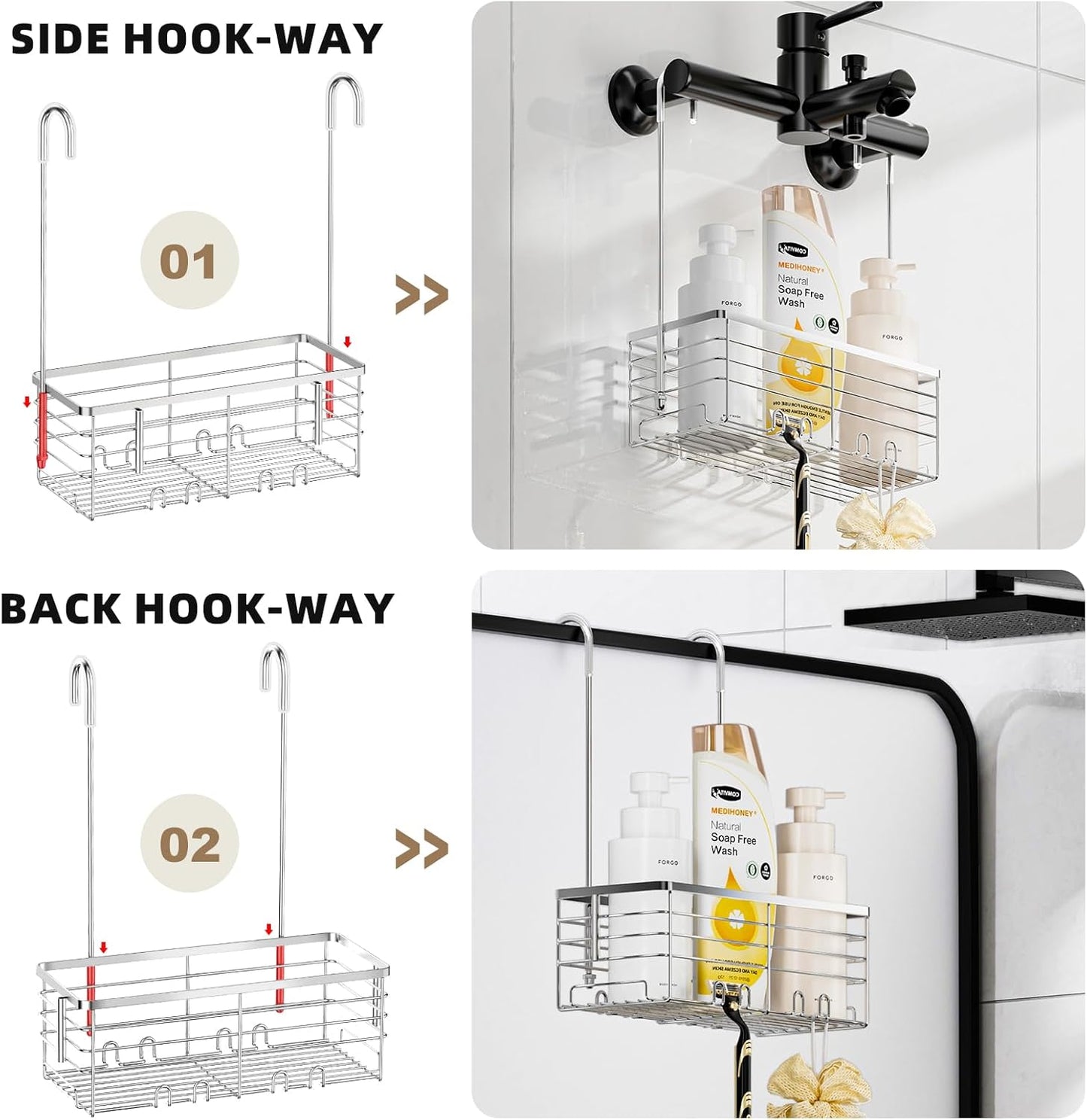 SHANSHUI Shower Caddy - Rustproof 304 Stainless Steel Bathroom Organizer with Hooks | Over Door Design