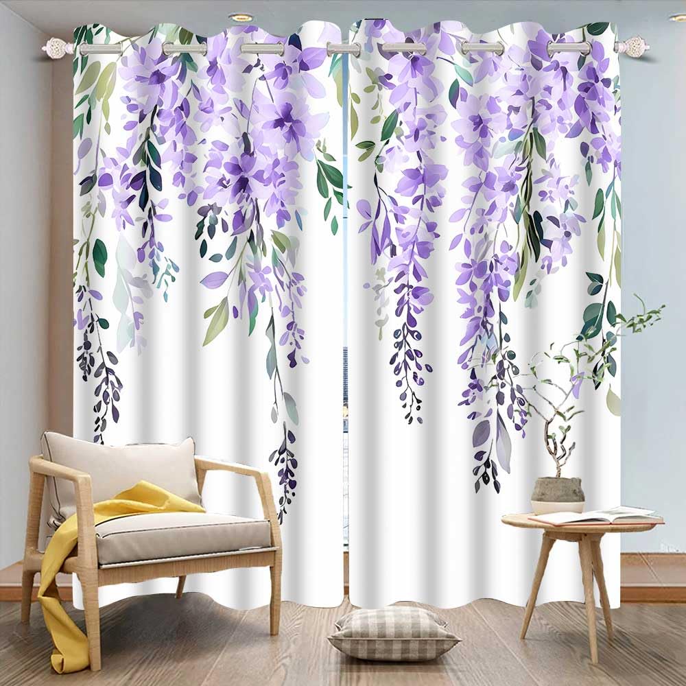 EOTDMS Purple Watercolor Floral Curtains 84 inches Long, Botanical Leaves Vine Wisteria Flowers Rustic Farmhouse Curtains, Blackout Window Treatment Drapes for Bedroom Living Room 52x84inch, 2 Panels