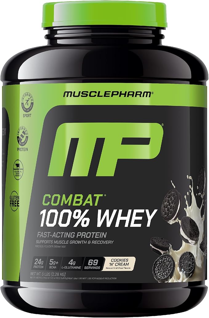MusclePharm Combat 100% Whey Protein Powder, Cookies ?˜N??Cream Flavor, Fast Recovery & Muscle Gain with Whey Protein Isolate, High Protein Powder for Women & Men, Gluten Free, 5 lb, 69 Servings