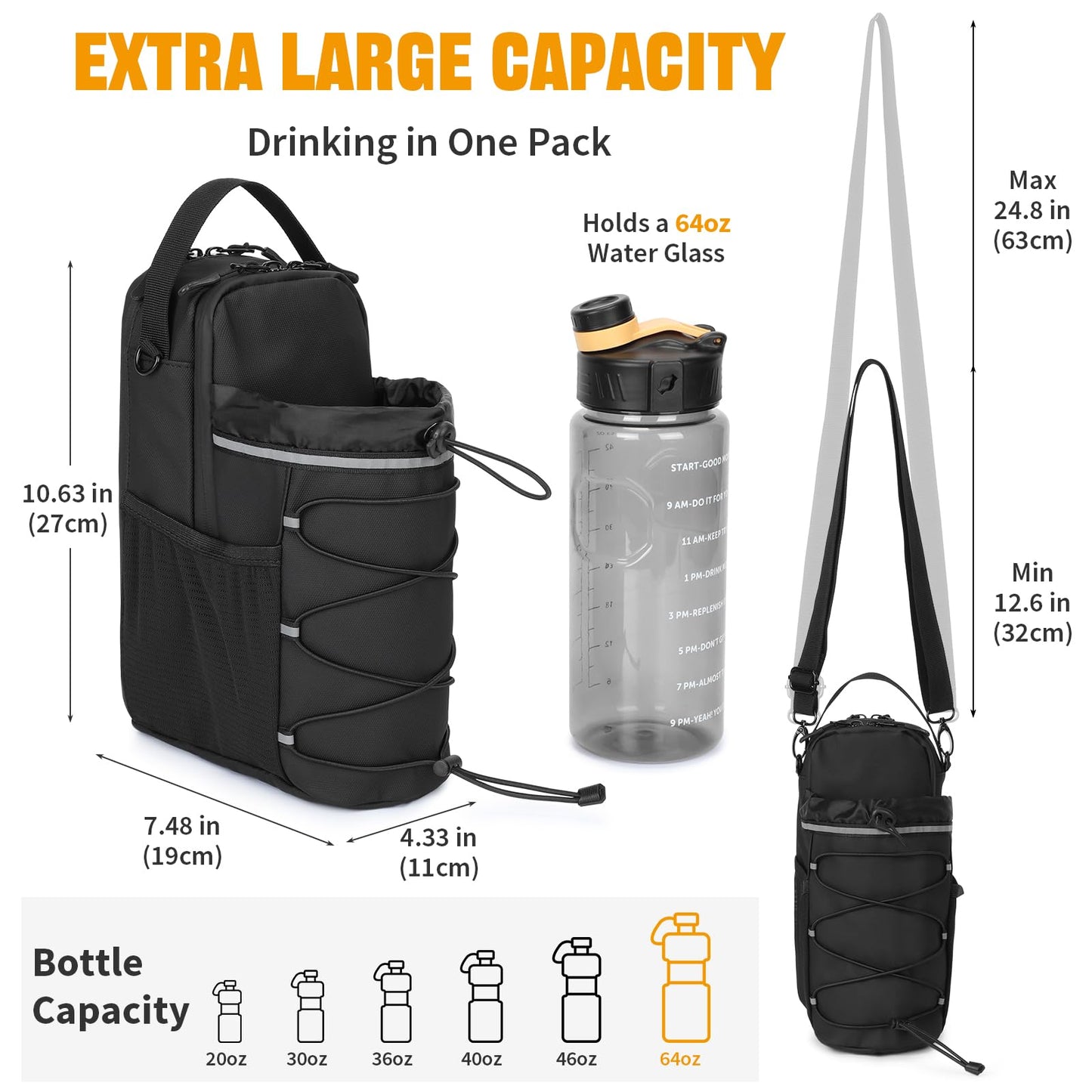 HUNTVP Magnetic Gym Bag Water Bottle Carrier Holder with Shoulder Strap & Phone Pockets, 64oz Large Magnetic Water Bottle Bag Pouch for Gym Fitness Accessories for Men and Women (4 Strong Magnets)