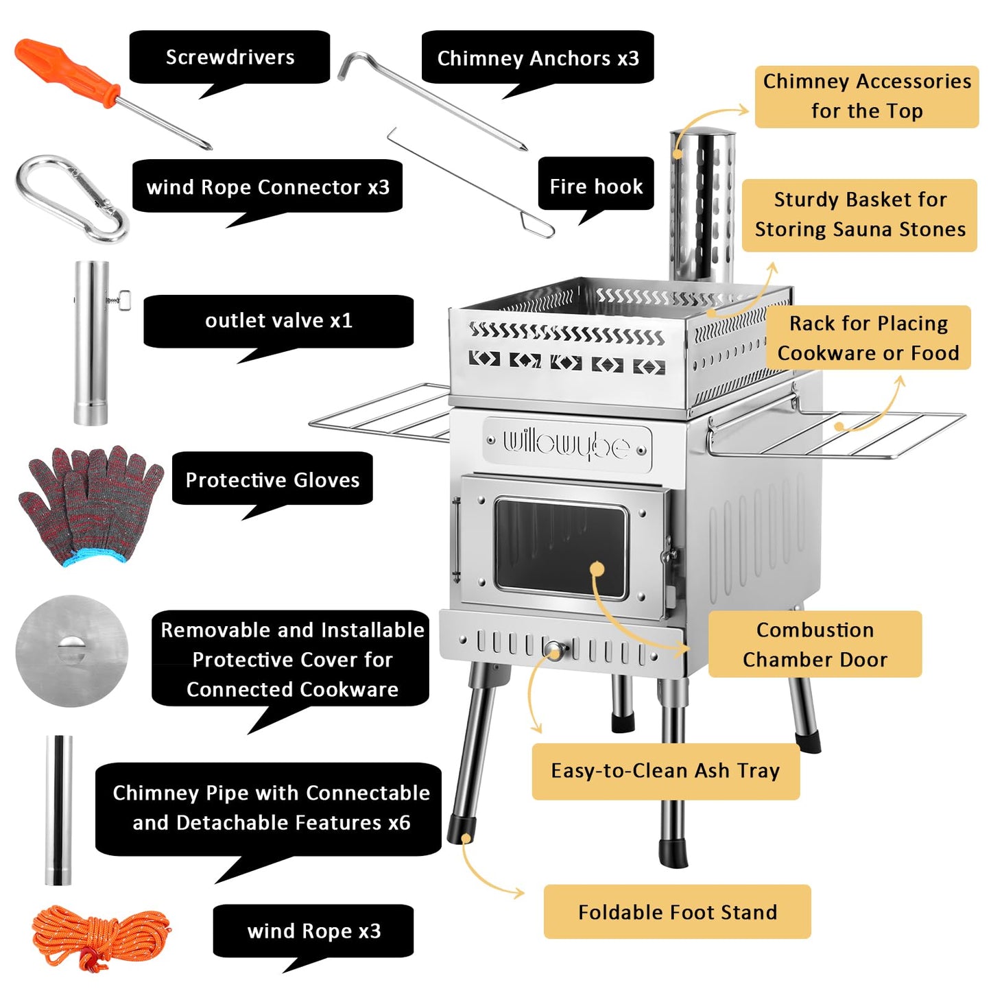 WILLOWYBE Portale Outdoor Sauna Set with Sauna Tent, Sauna Wood Stove for Dry Sauna, Cooking for Family and Friends