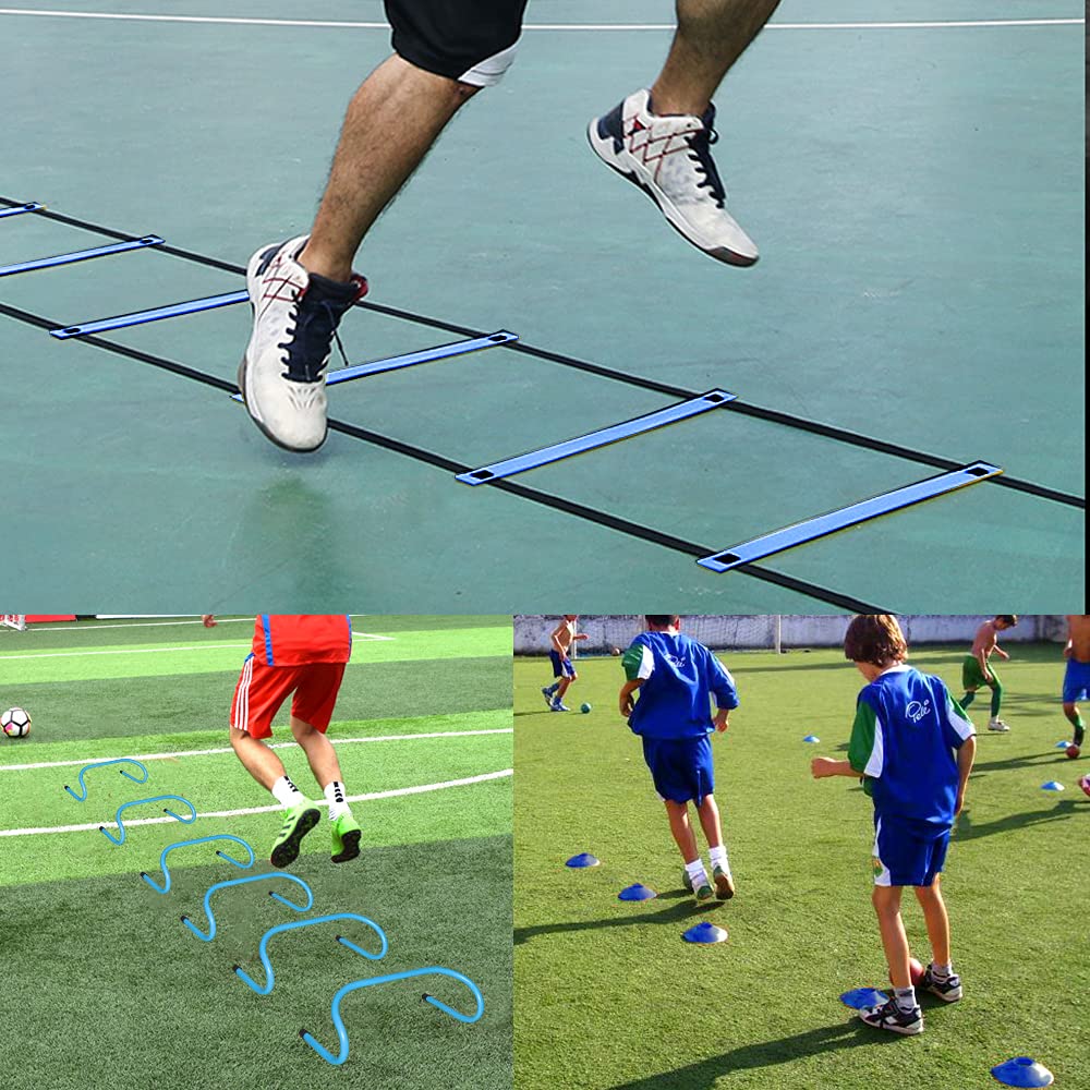TNZMART Agility Ladder and Disc Cones Training Set Adjustable Rungs Training Ladder with 10 Plastic Sport Cones for Training (Blue, 6 Hurdles)