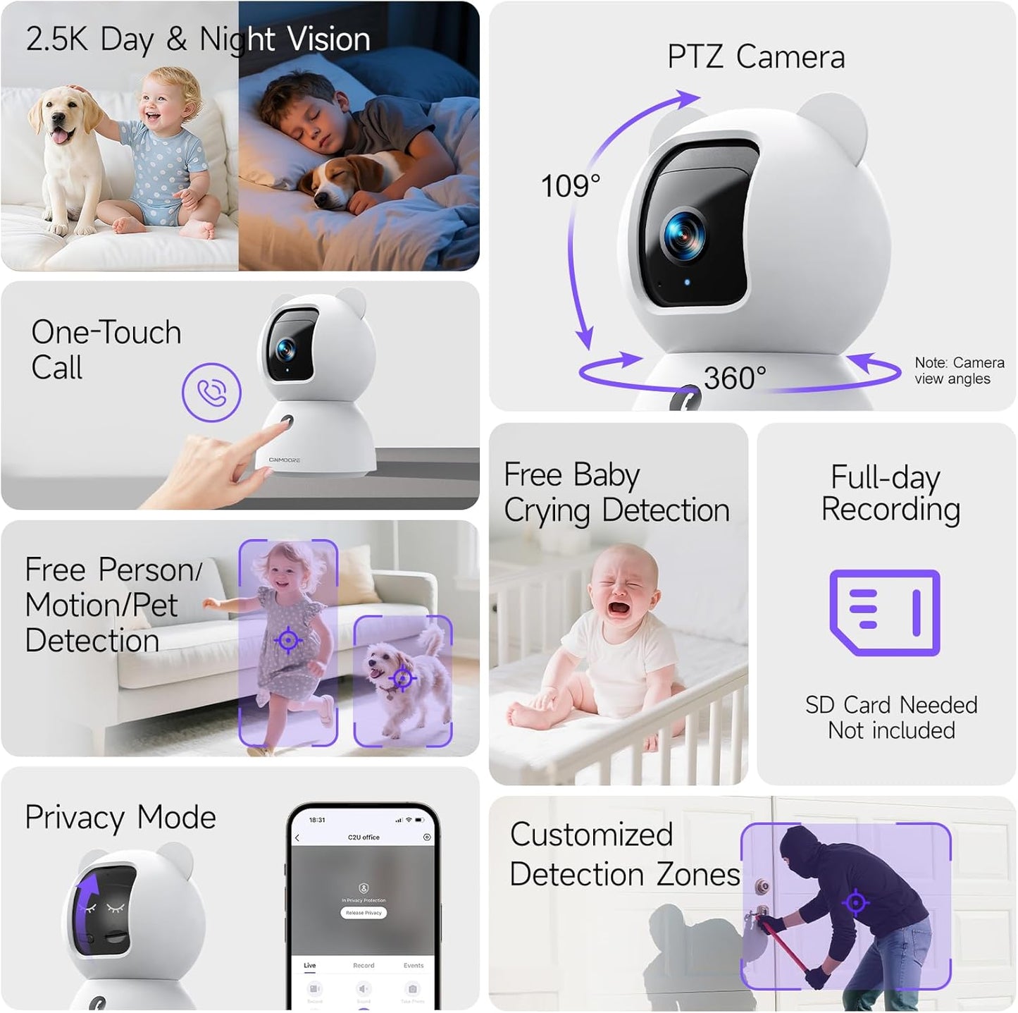 CINMOORE 2.5K 2pack, 4MP 2.4GHz 2-Way Indoor Camera Non-Subscription AI Person/Pet/Cry Detection, Pet/Dog/Cat/Baby