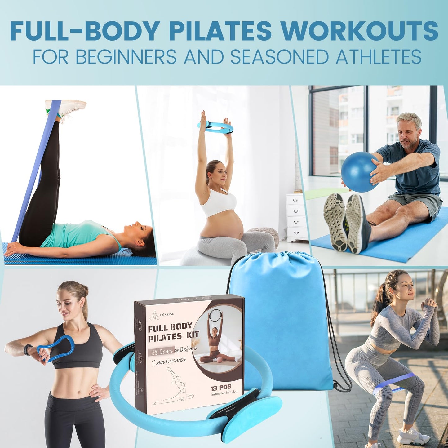 Pilates Kit for Women 13PCS, Pilates Ring and Ball Set with Magic Circle, Resistance Bands Set, Figure 8 Band, Yoga Ring & Grip Socks, Home Workout Equipment Essentials Starter Kit for Beginners
