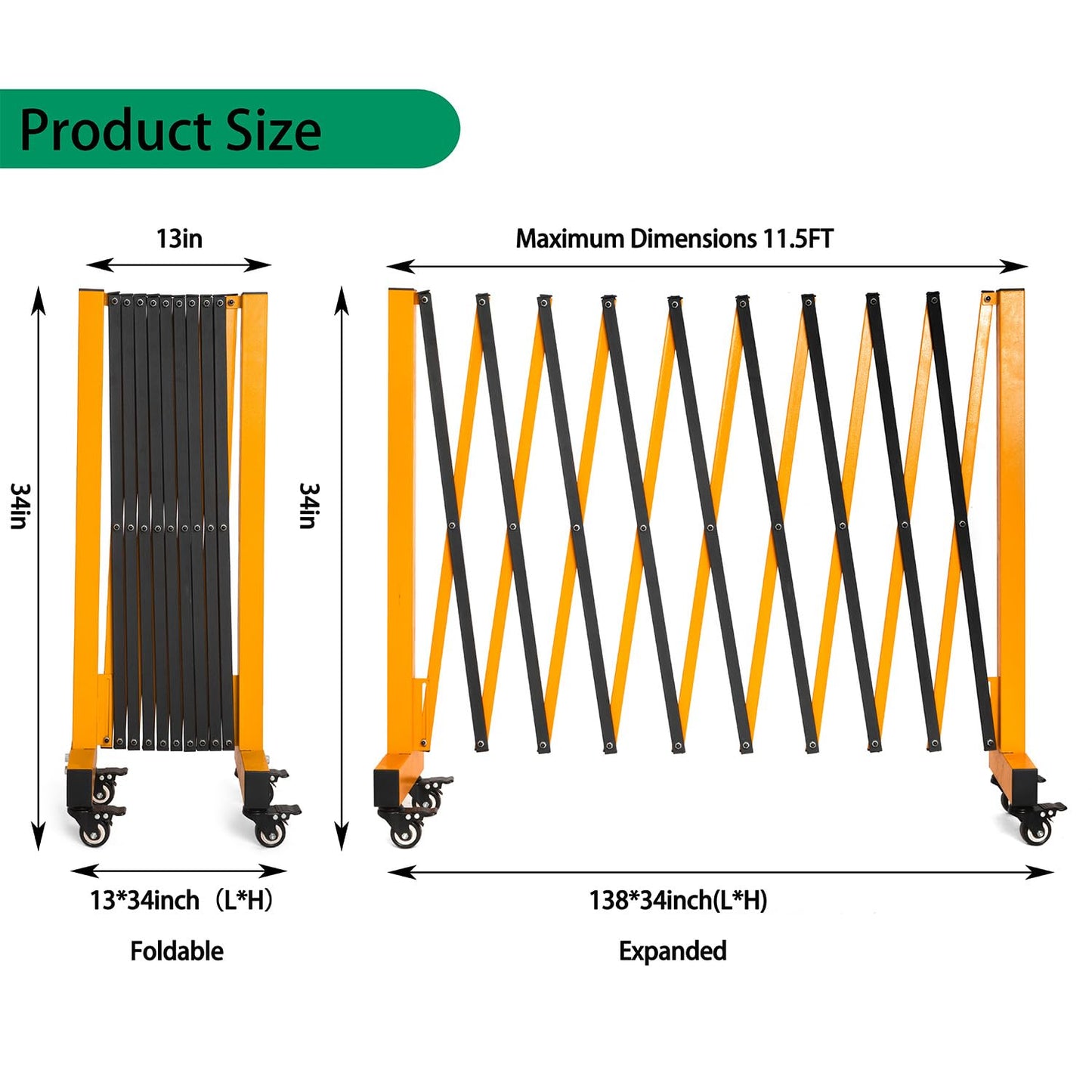 LTSEAME 11.5FT Expandable Barricade Gate, Expandable Metal Barricade Gate Alloy Fence with Wheels, Retractable Crowd Control, for Industrial or Residential Use (Yellow, 11.5FT)