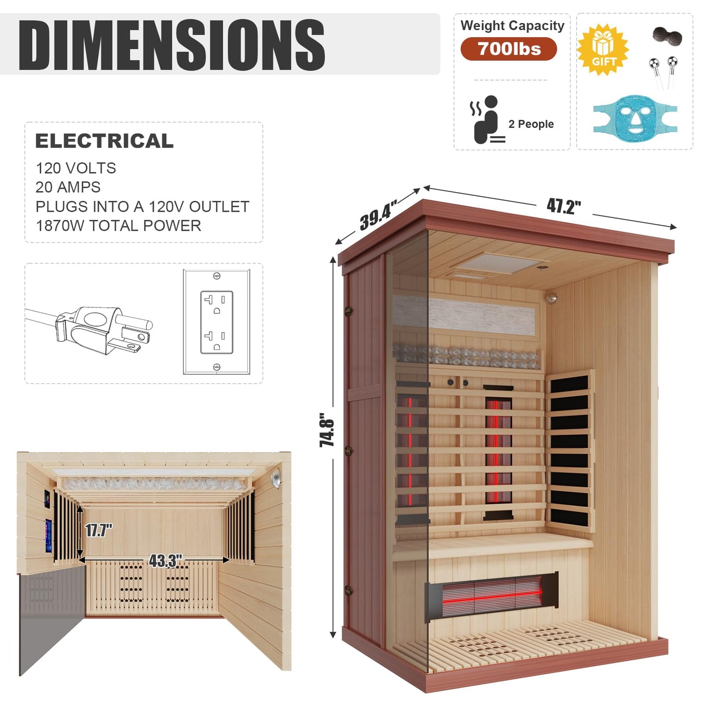 MEISSALIVVE Full Spectrum Sauna for Home, 2 Person Indoor Infrared SPA Room with 10 Minutes Warm-up Heat, Red Cedar Home Sauna Infrared Sauna with Bluetooth and Tempered Glass