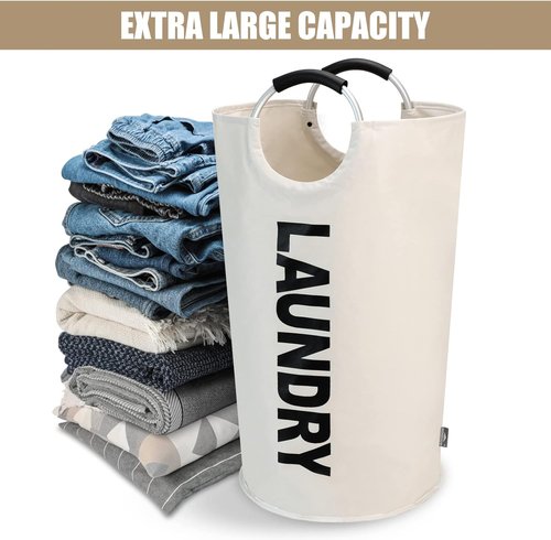 DOKEHOM 90L Large Laundry Basket - Collapsible Freestanding Hamper in Beige for Easy Storage