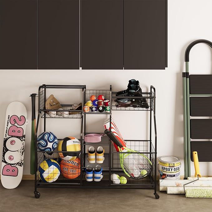 Garage Sports Equipment Organizer - Ball Storage Rack with Elastic Rope or Wire Mesh,Garage Organizer System with Wheels,Indoor/Outdoor Sports Rack for Sports Gear and Toys Storage,Black