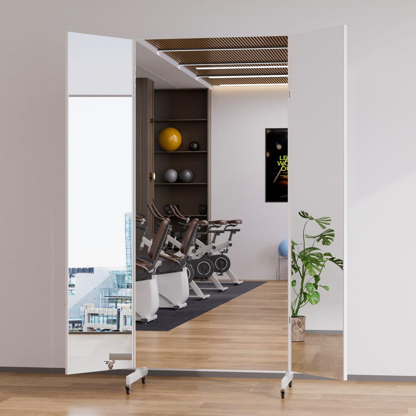 Full Length Stand Up Mirror on Wheels,63''×67'',Large Tri-Fold Floor Mirror with Stand,Movable 3-Way Full Length Standing Mirror for Gym, Dance Studio, Fitness Room, and Home (White)