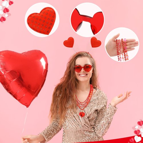 Kanayu 108 Pcs Valentines Day Accessories 36 Valentines Heart Headbands 36 Heart Shaped Sunglasses 36 Bead Necklaces for Valentine Party Favors Supplies Bachelorette Decorations(Red)