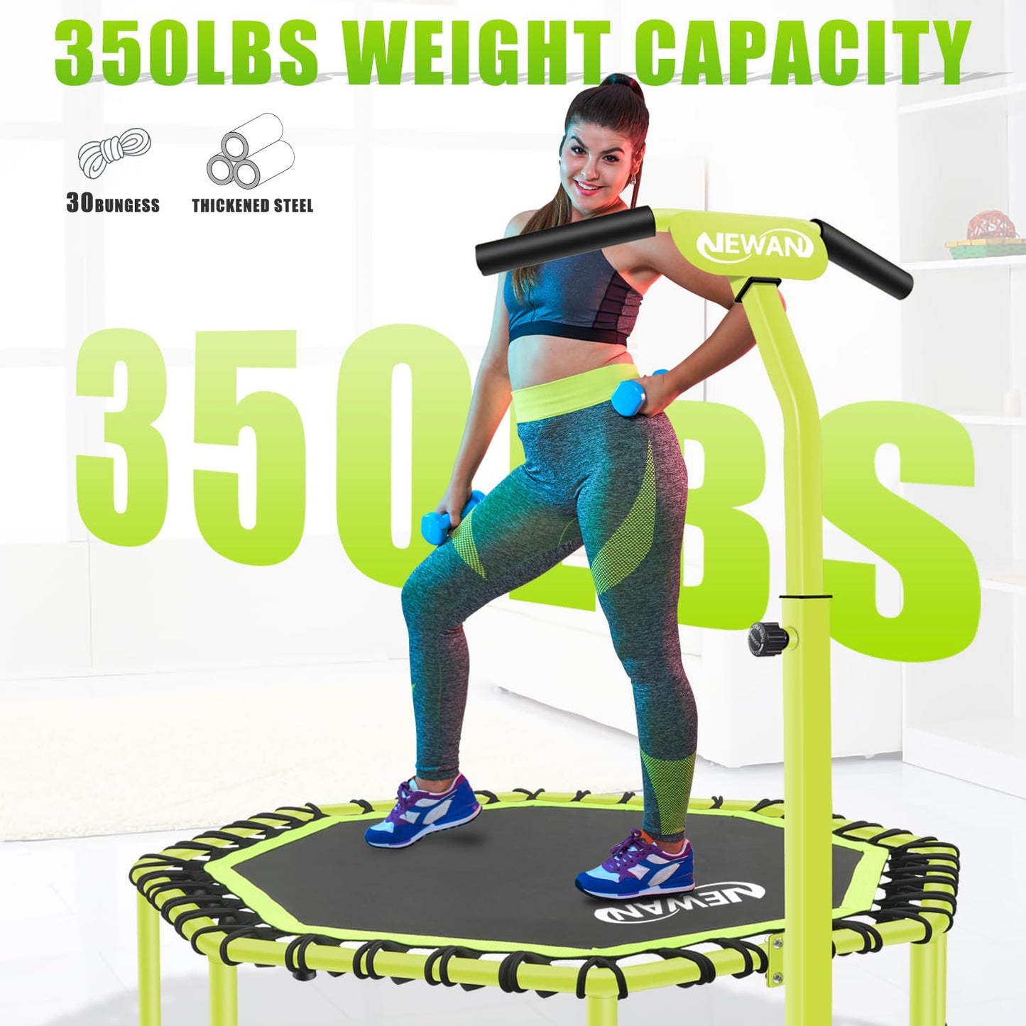 Newan 48" Fitness Trampoline with Adjustable Handle Bar, Silent Trampoline Bungee Rebounder Jumping Cardio Trainer Workout for Adults - Max Limit 330 lbs Green