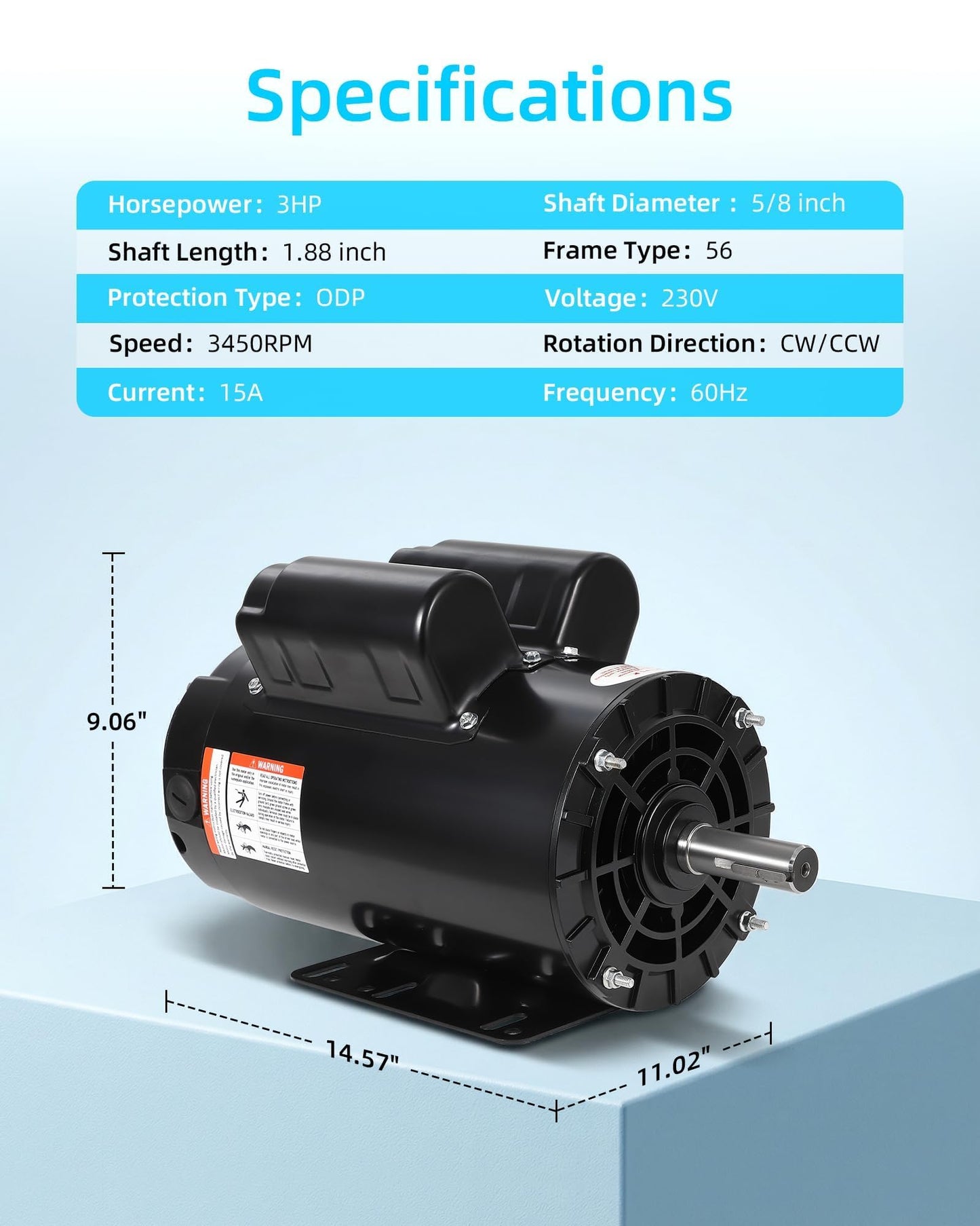 3HP SPL Air Compressor Electric Motor, 230V 17.6Amps, 56 Frame 3450RPM, 5/8“ Keyed Shaft, 1.88” Shaft Length, Single Phase, CW/CCW Rotation, Powerful Motor for General Equipment