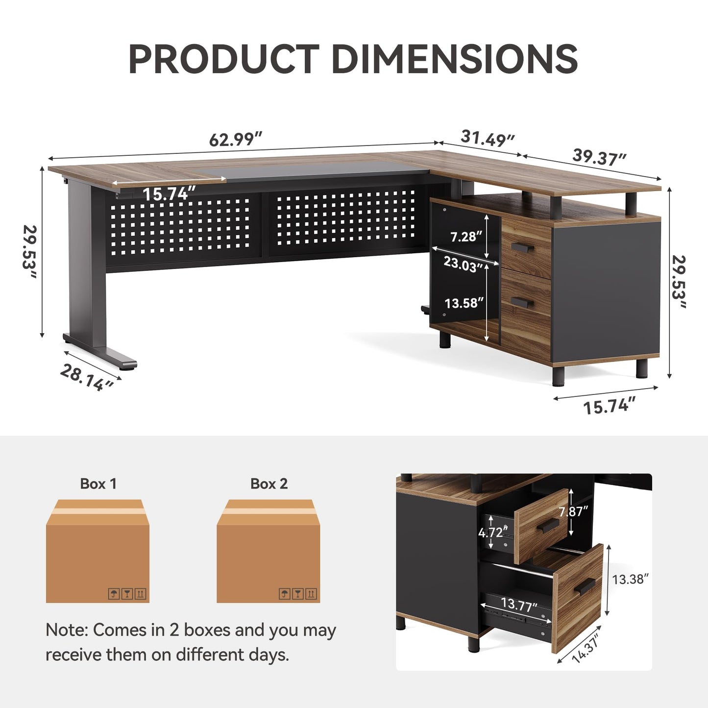 LITTLE TREE Large Computer Desk with File Cabinet, 63 Inch L Shaped Executive Office Desk with Drawers and Storage Shelves, Business Furniture Workstation for Home Office