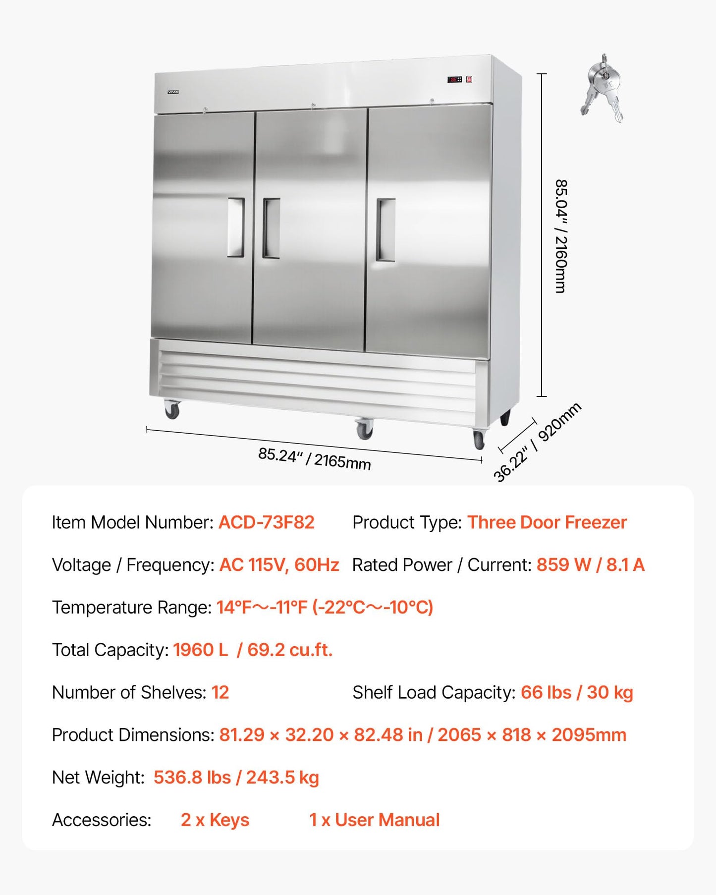 VEVOR Commercial Reach-In Freezer 85" W, 69 Cu.Ft Stainless Steel Upright Freezer with Three Doors, Auto-Defrost, 12 Adjustable Shelves, -11 to 14℉ Temp Control, ETL Certified
