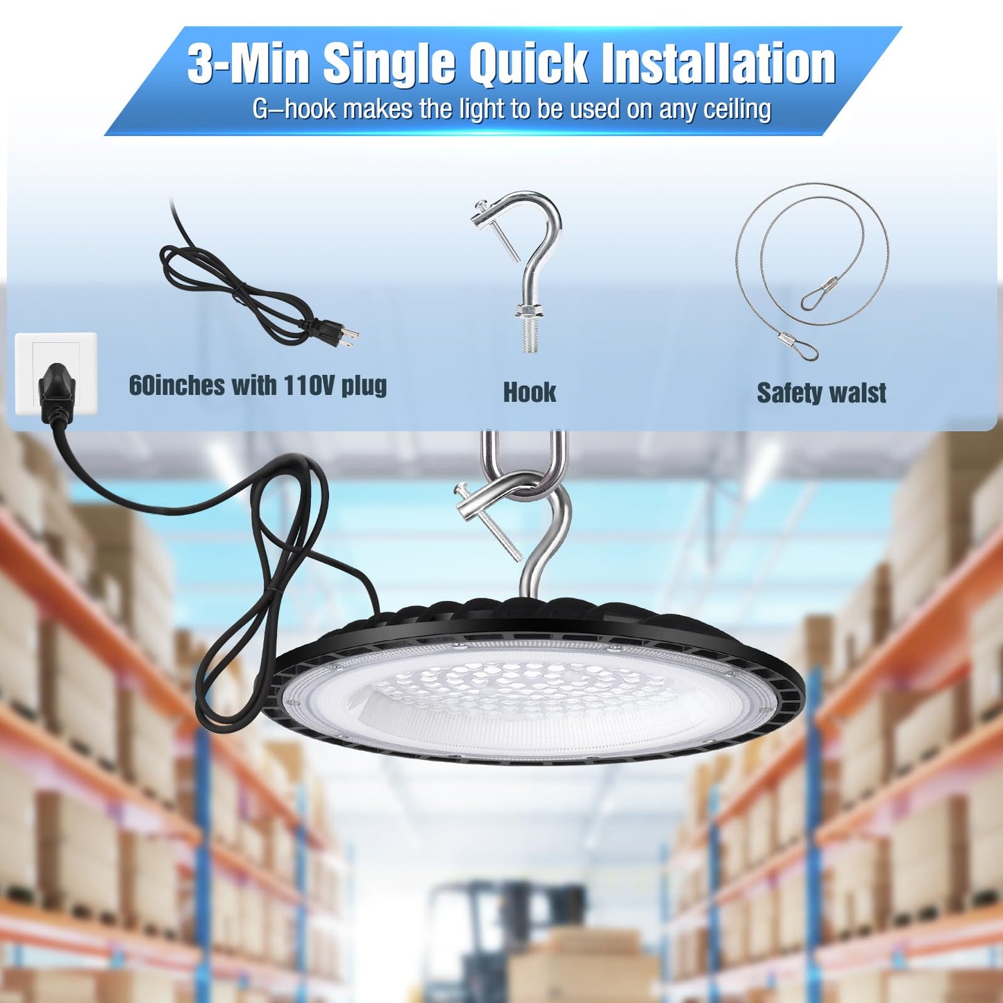 YANYCN 6 Pack 100W UFO Led High Bay Light Fixture,5000K Daylight Commercial Shop Bay Lighting,120v,15000LM,[450W MH/HPS Equiv.] US Plug Area Lighting for Warehouse/Barn/Gym/Factory/Workshop