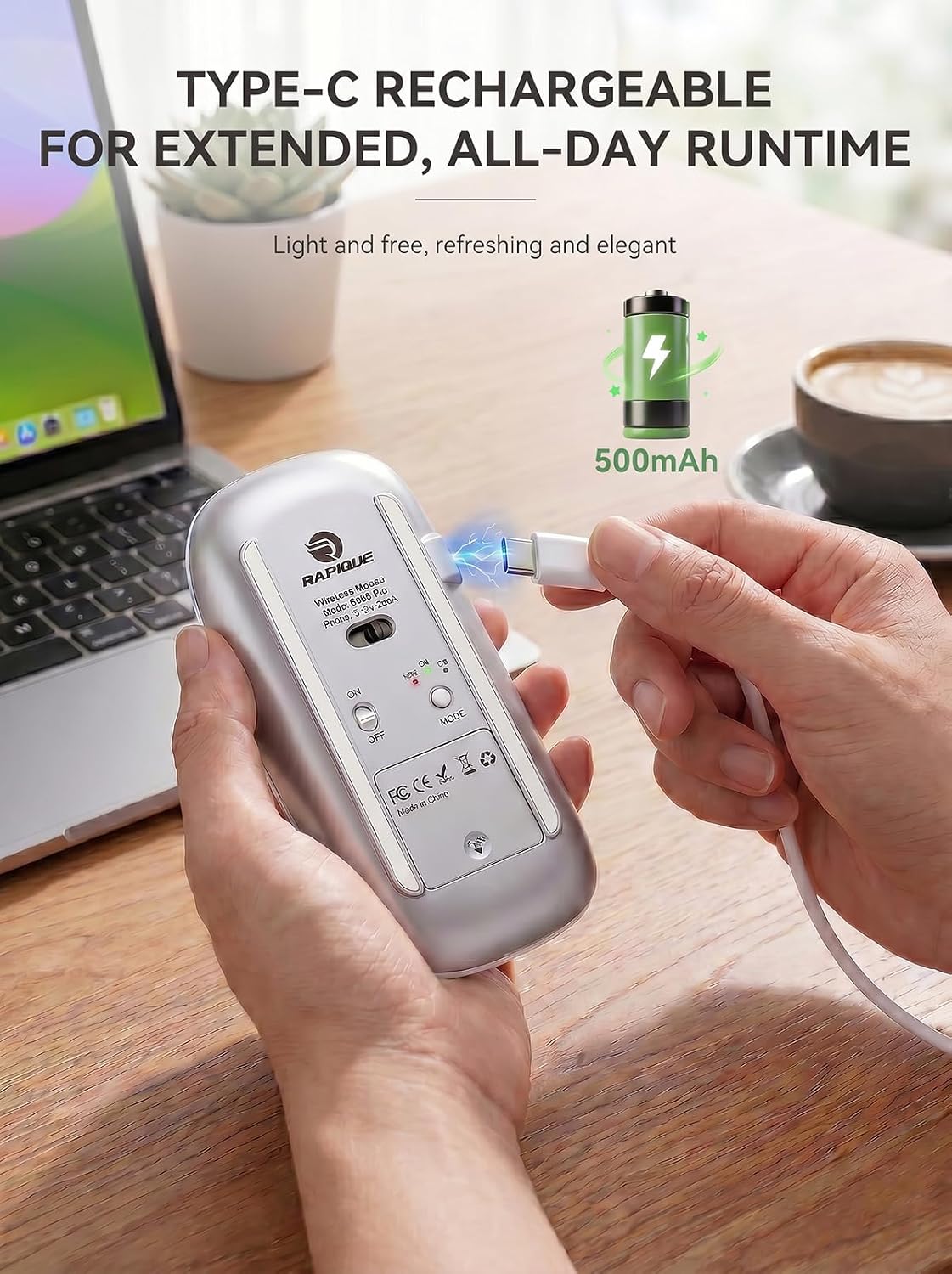 RAPIQUE R306 2.4G, Symmetrical Pro Wireless Mouse, Dual Bluetooth & Type-C Rechargeable, Silent Click, Slim Design
