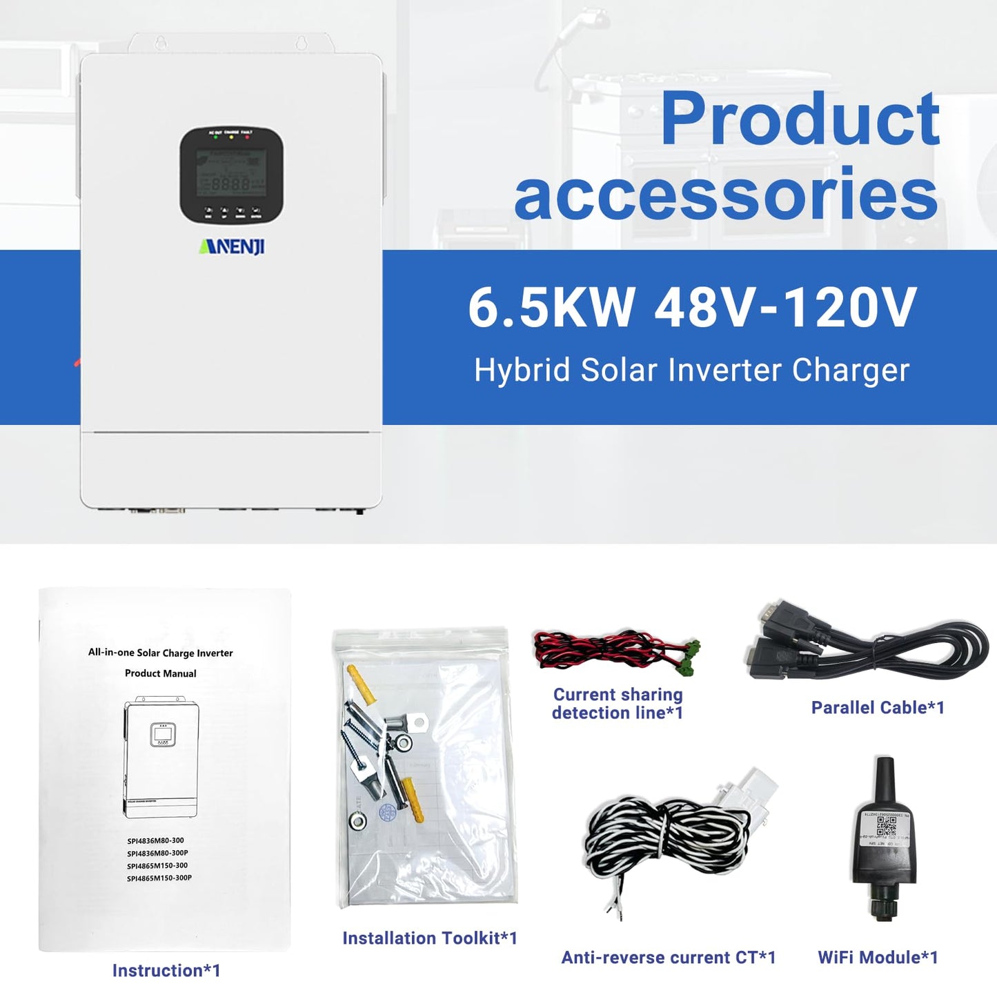 Aninerel 6500W Hybrid Solar Inverter 48V DC to 110V AC, Pure Sine Wave, Built-in 2 MPPT Controller, Max. 150A Battery Charging, Support Parallel 6 Units, Dustproof, for Home On/Off-Grid Systems