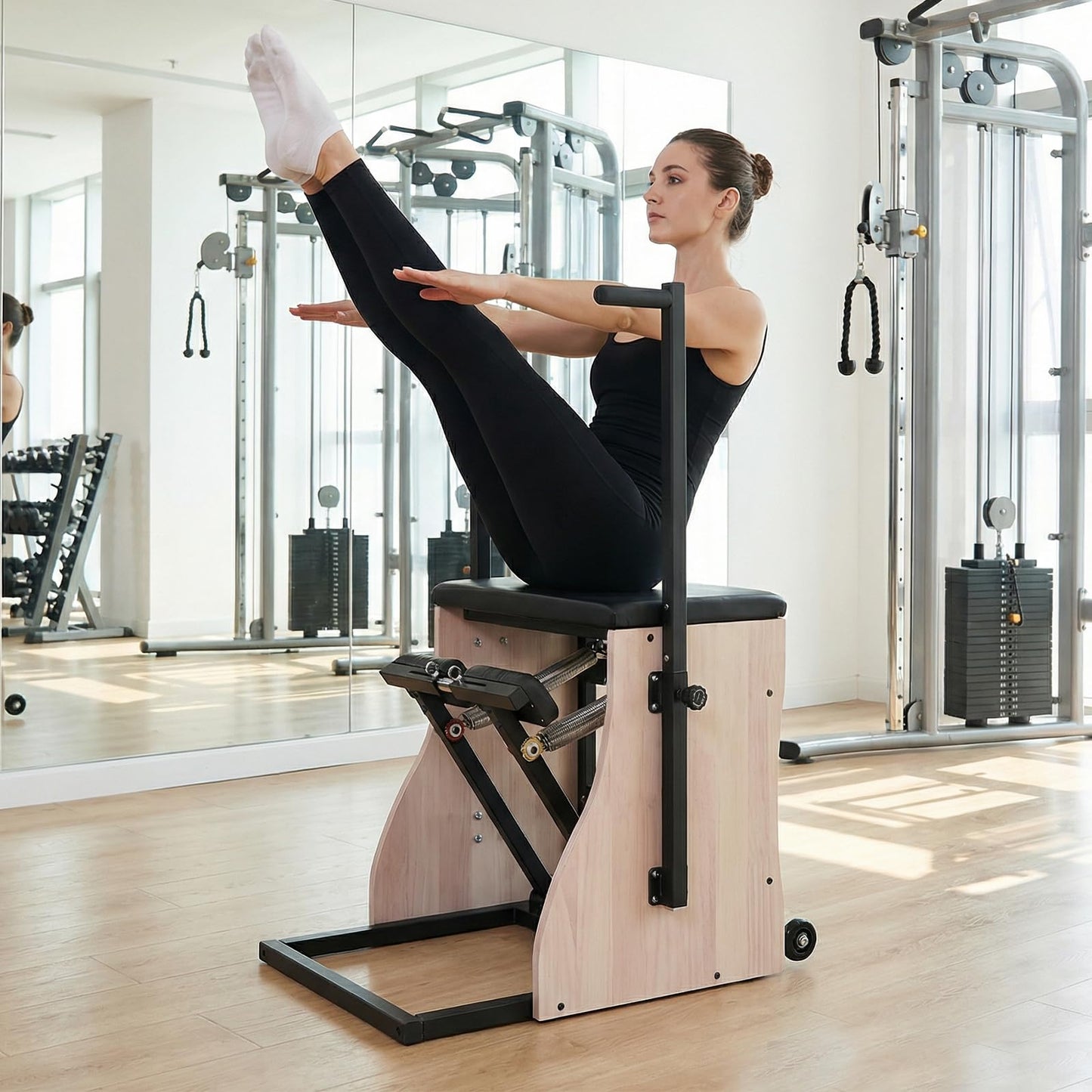 Generic Oak Wood Pilates Chair with 4 Level Handles Split Pedals Adjustable Resistance Studio Quality Pilates Reformer Machine for Home Workouts and Studio Use