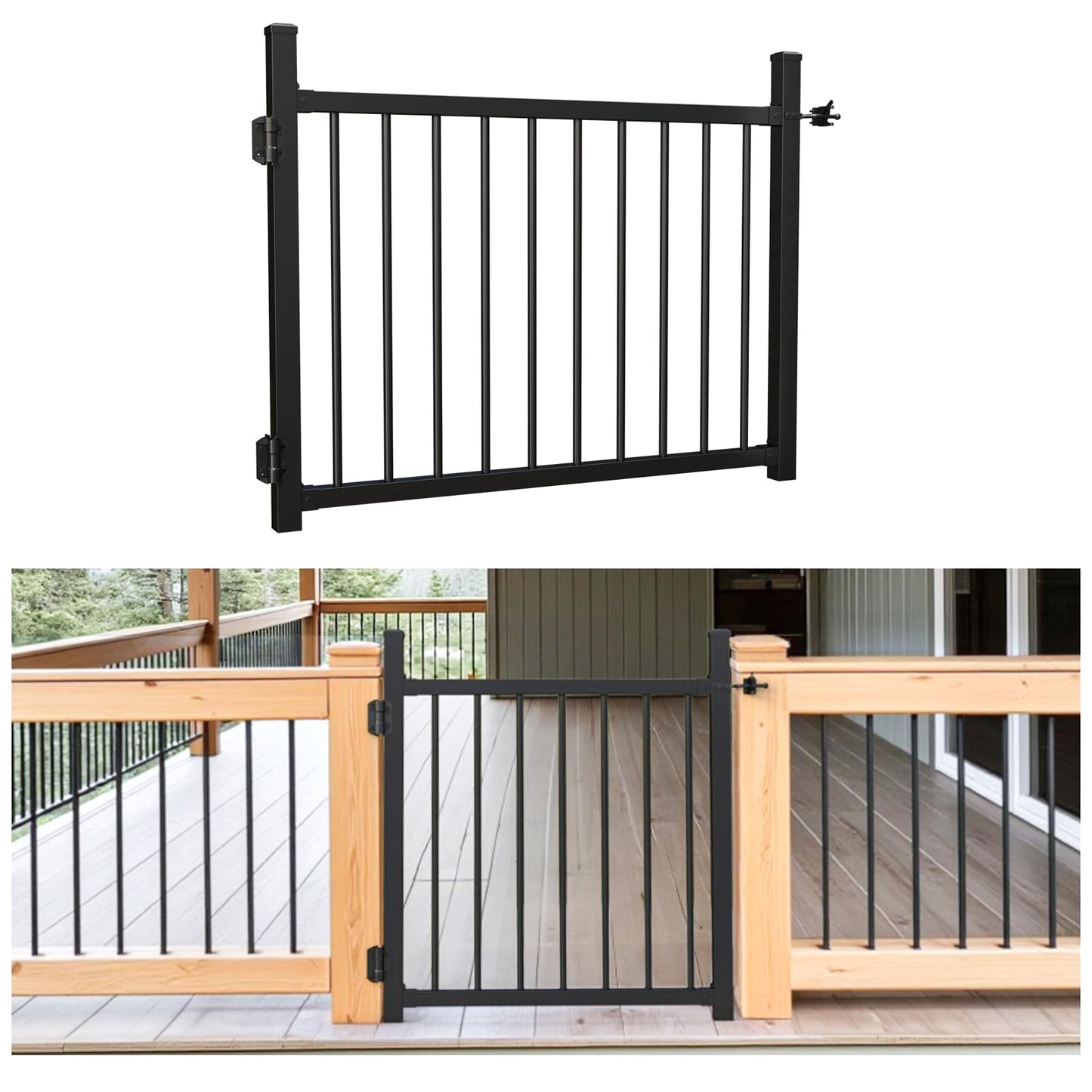 Coliwel 36"x45" Aluminum Gate with Self-Closing Hinges,Round Tube 3/4" pickets,DIY Adjustable Width Black Powder Coated Deck gate Kits Incl. Hinges Latch for Deck Railing Patios Gardens Indoor Outdoor