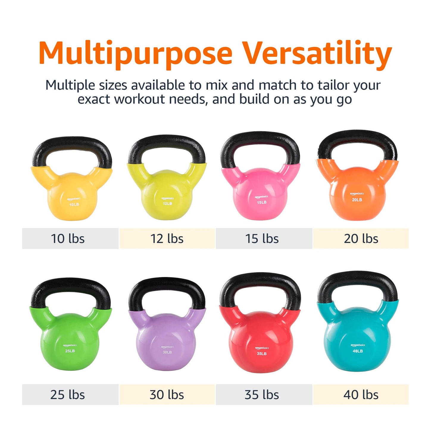 Amazon Basics Vinyl Kettlebell with Textured Wide Handle for Strength Training, Workout, 10 Pounds, Light Orange