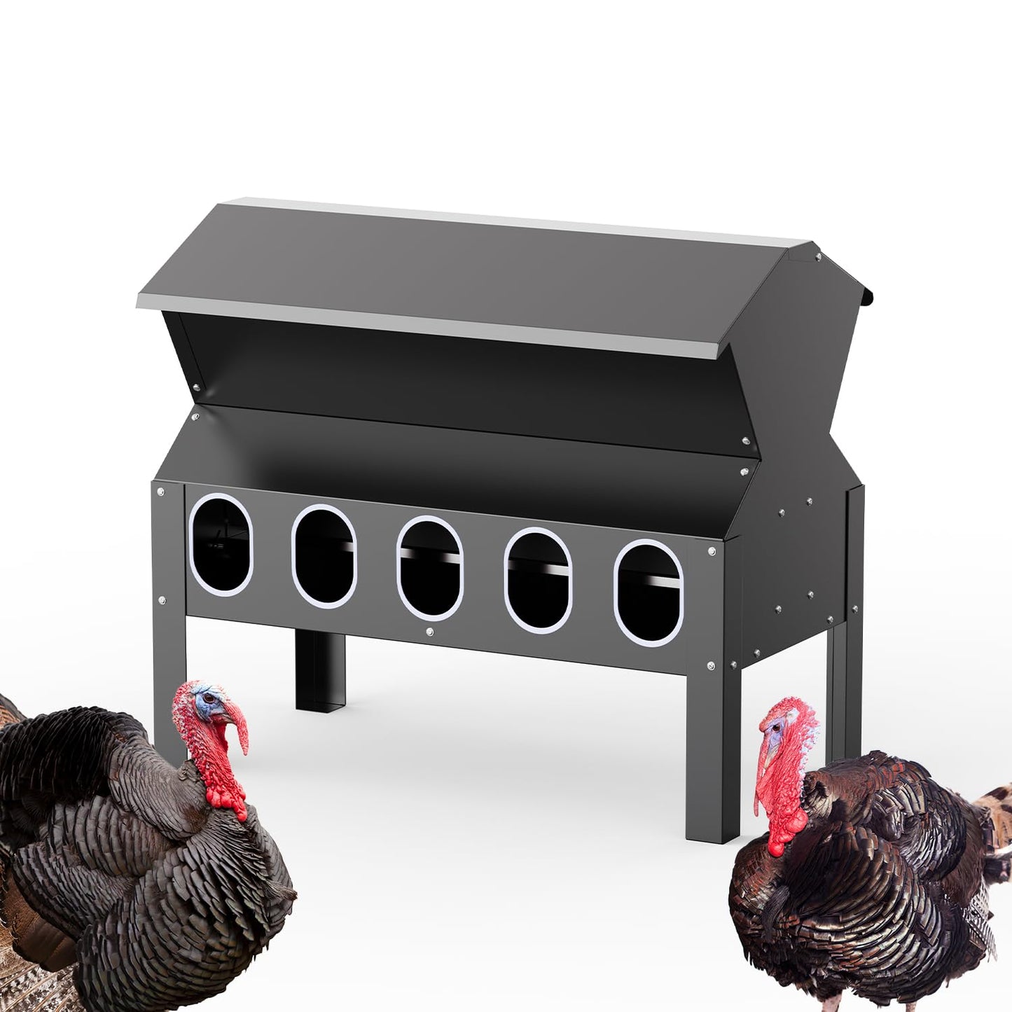 BUYYAH 50-100LB Capacity Turkey Feeder, 10-Port Waterproof Chicken Feeder, Indoor Outdoor Uses, Black