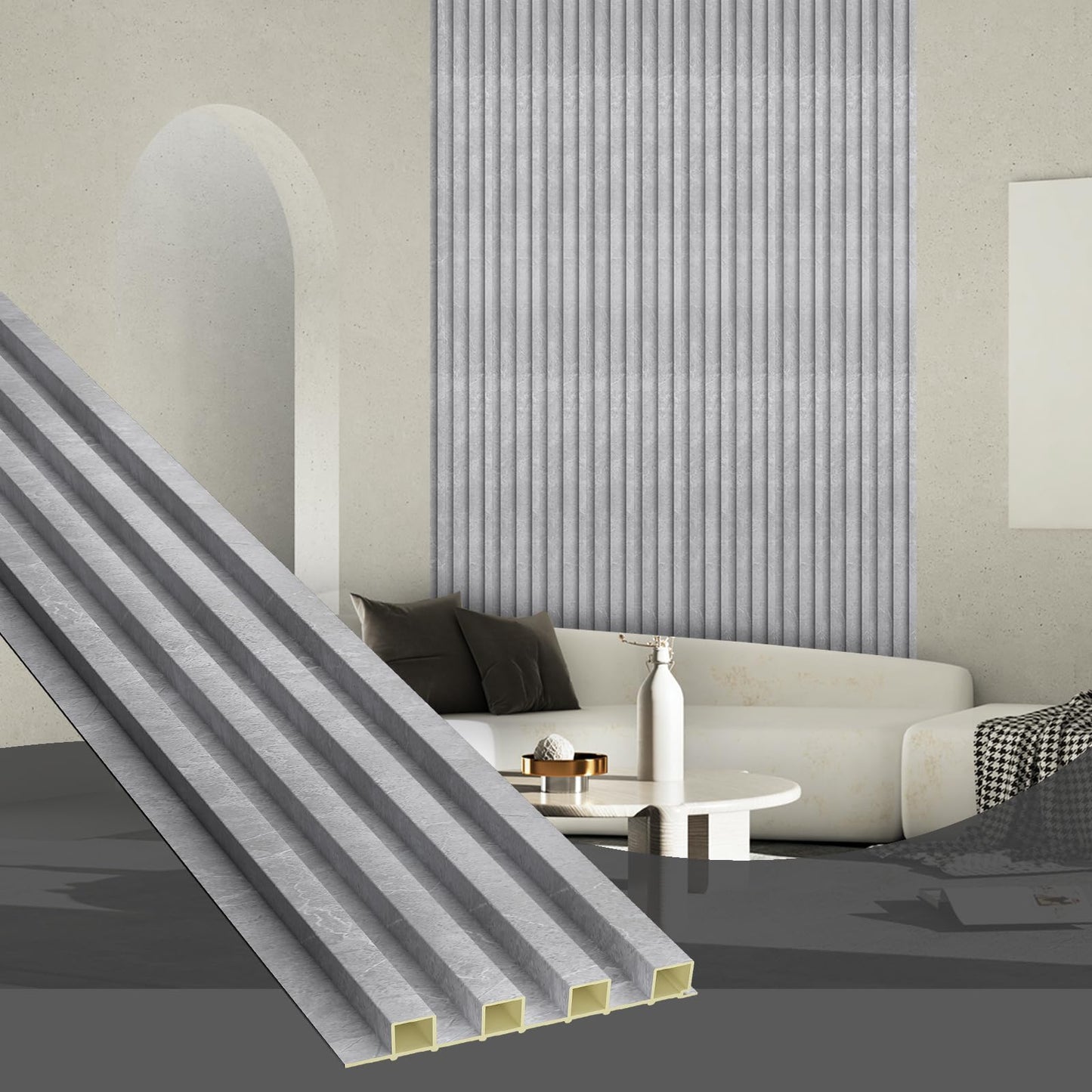 OUZUGIE WPC Acoustic Slat Wall Paneling, 8-Pack 114 x 6 Inches 3D Wall Panels for Interior Wall Decor,Living Room,TV Background,Study Room,Office Spaces,Bedroom,High Grille (Gray Marble)