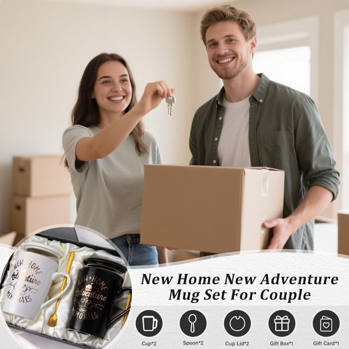 House Warming Gifts New Home - New Home Gift Ideas for Women Men Couple New Homeowners Neighbor Friend, Unique Housewarming Present with 14Oz Coffee Mugs, Spoons, Lids, Greeting Card, Elegant Boxed