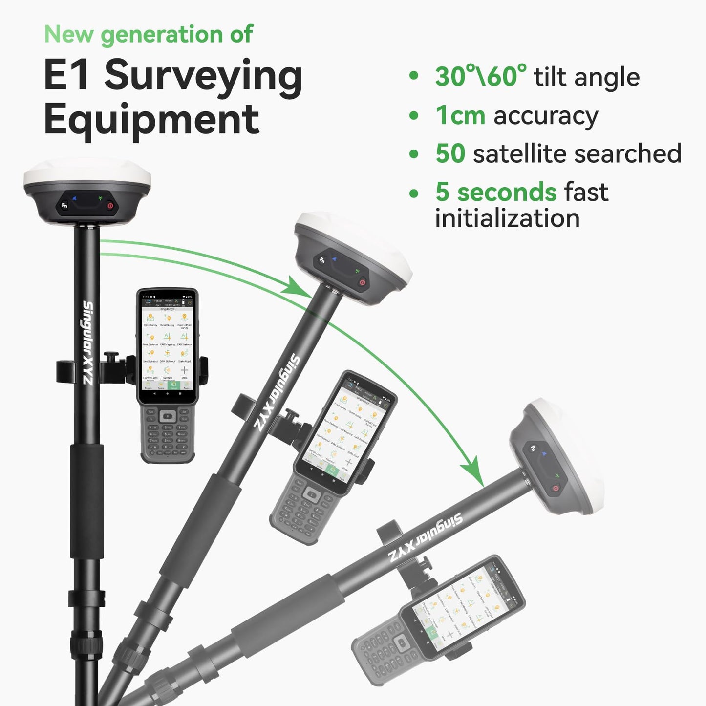 SingularXYZ E1 RTK GNSS Survey Equipment GPS Receiver with IMU Rover & Base Handheld Collector Land Surveying Equipment, Navigation System Survey Software(Include Pole, Tribrach, Tripod)